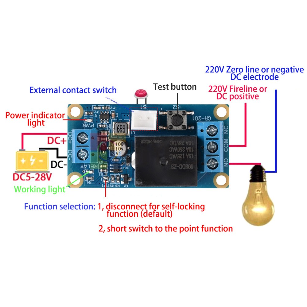 DC 5-28V Wide Voltage 1-Channel Single Button Bistable Self-Locking Relay Module