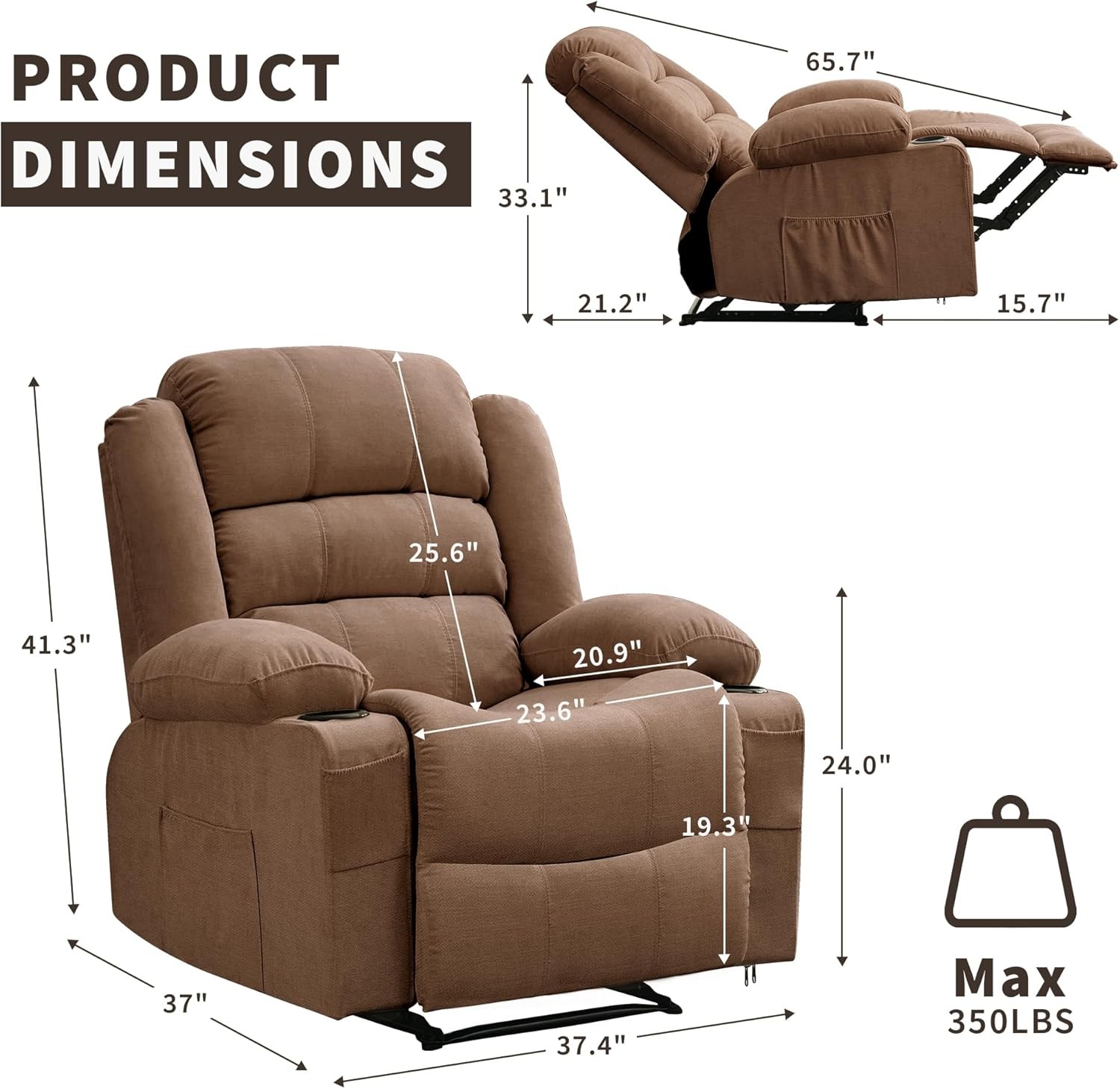 Recliner with Cup Holders & Storage Pockets, Brown Chair Ideal for Home Theater