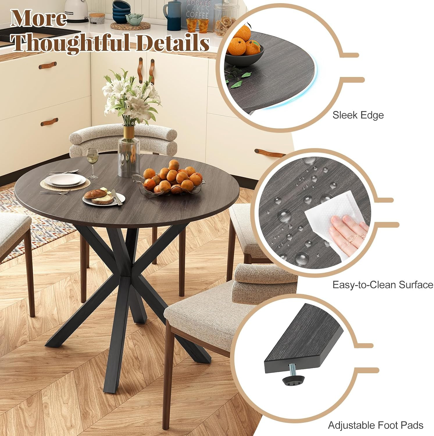 Modern 36" Round Dining Table for 2-4 with Rubber Wood Legs - Black