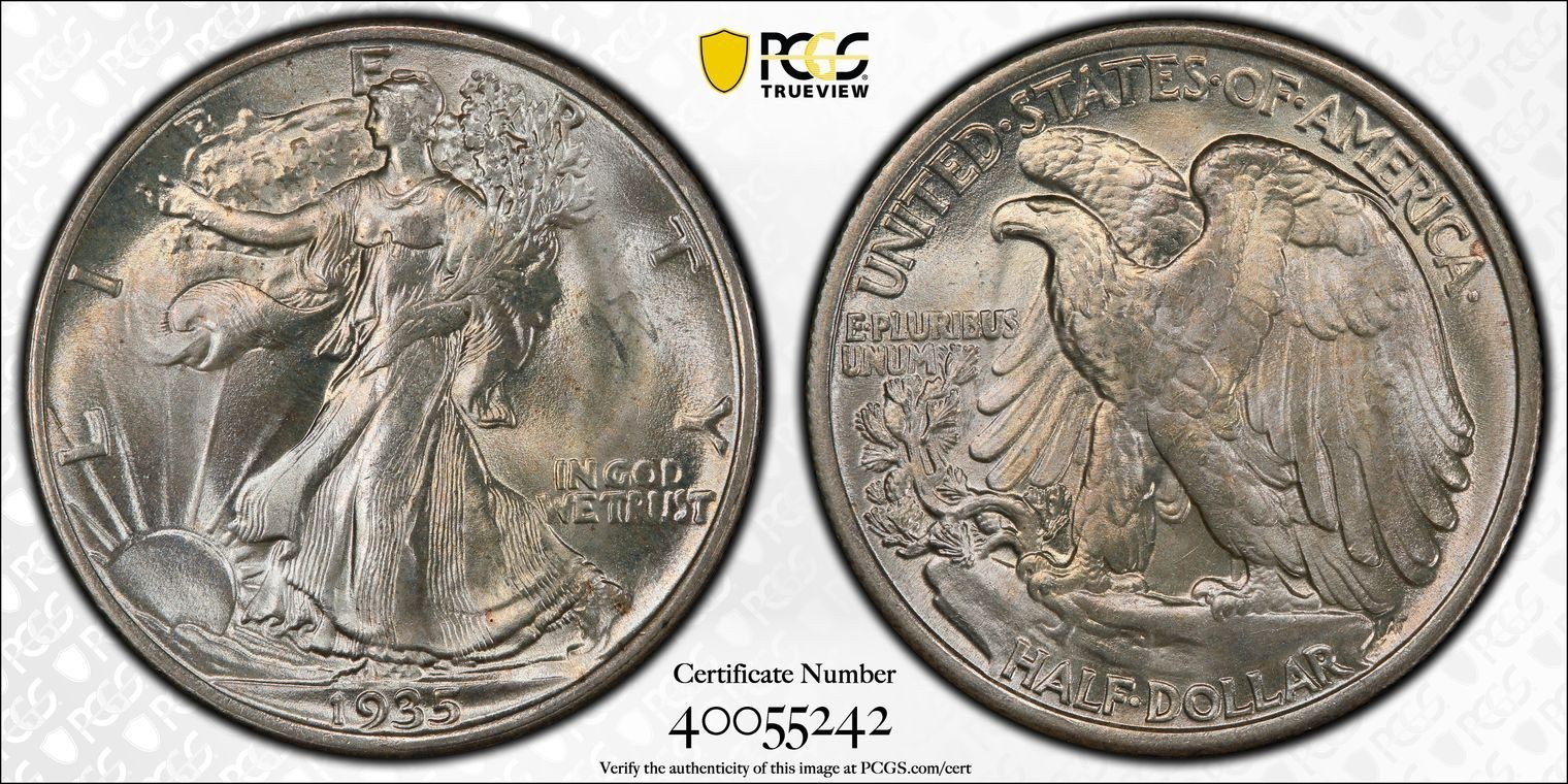 1935 Walking Liberty Half Dollar (50c) - PCGS Gold Shield MS66 - Golden Toning