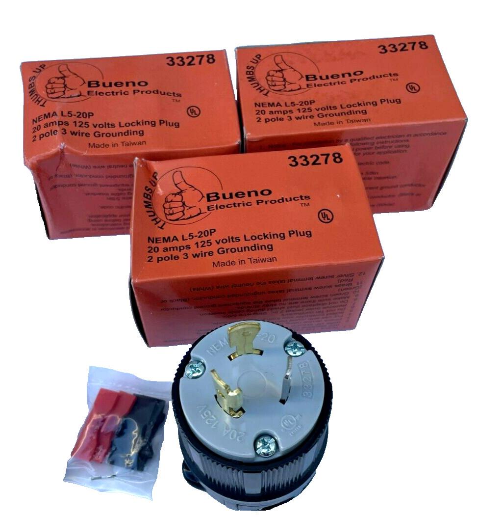 Bueno 33278 NEMA L5-20P / 20 amps 125 Volts Locking Plug (Lot of 3)