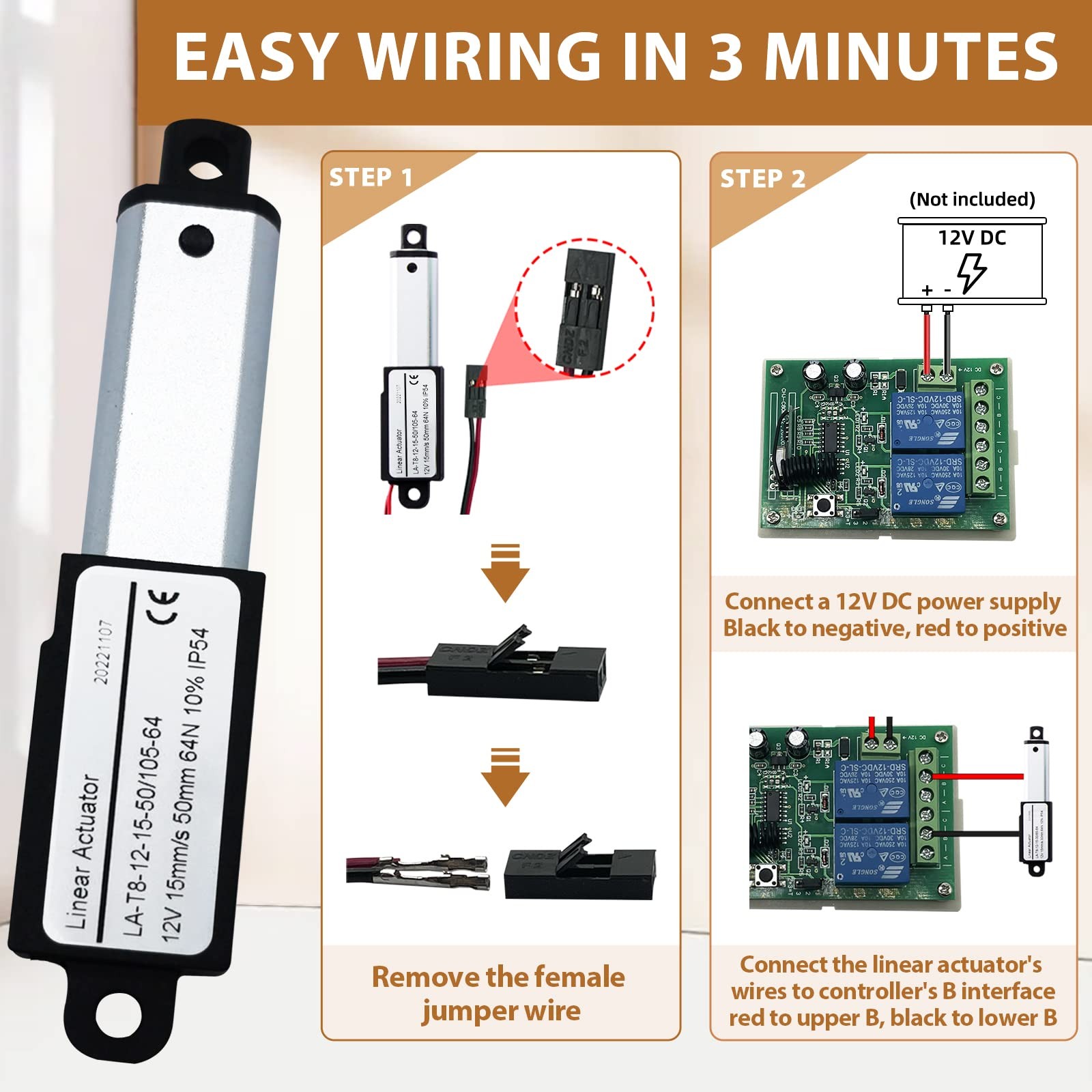 Micro Linear-Actuator with Remote Control - 2 12V DC 64N/14.4lb Speed 0.6/sec