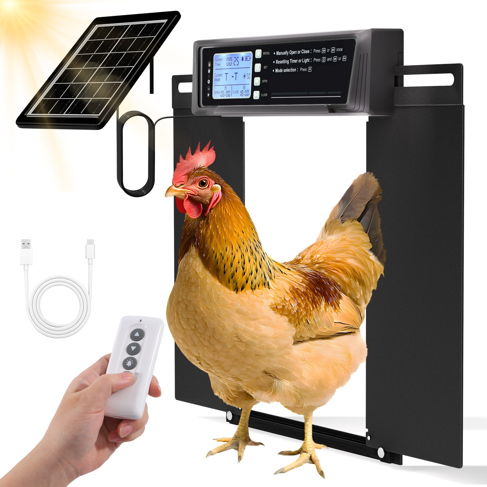 Solar Powered Chicken Coop Door Opener Timer & Light Sensor Auto Door Waterproof