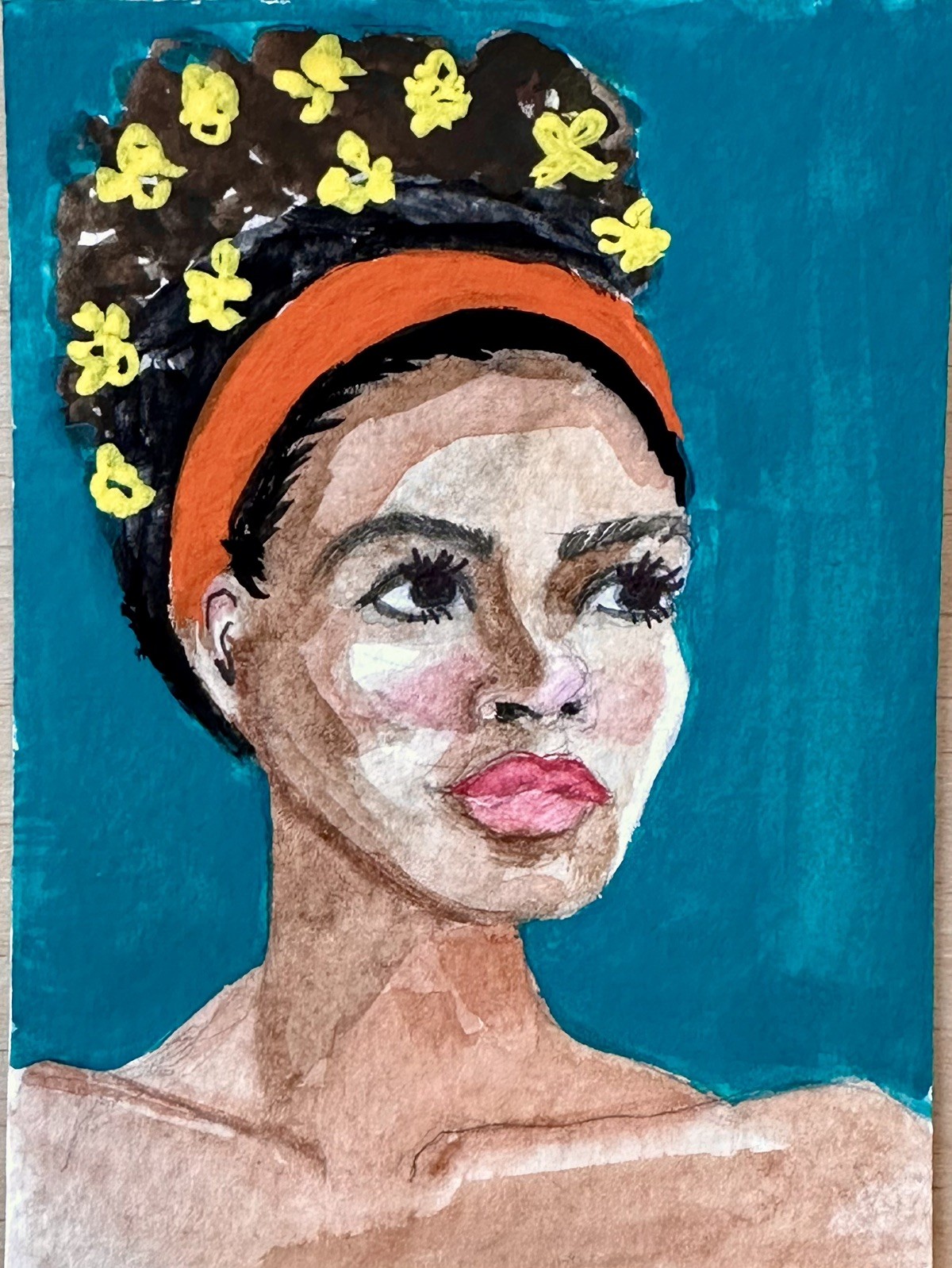 ACEO Original Art Card | Watercolor Painting of Black Woman Flowers in Bun