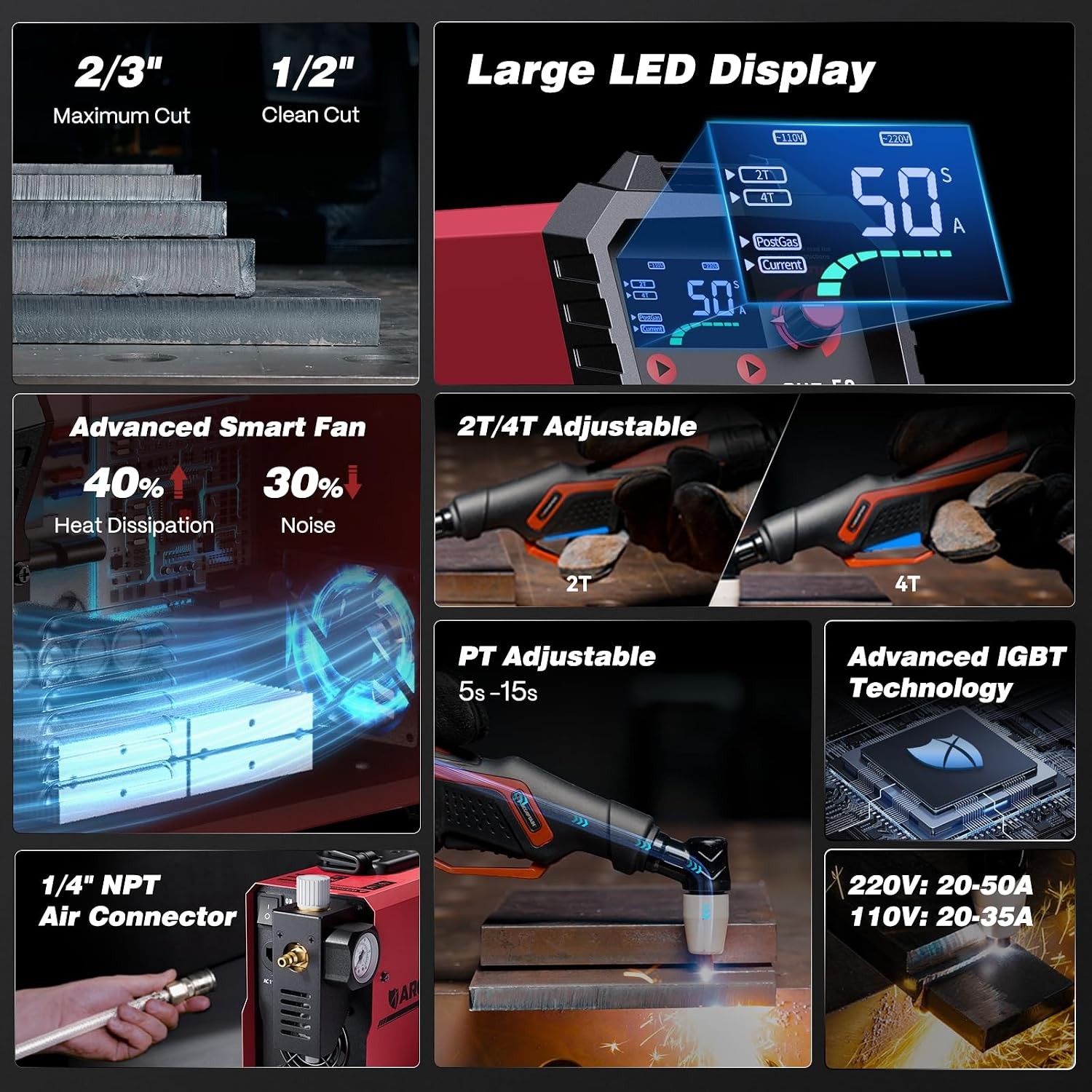 ARCCAPTAIN Plasma Cutter 50A Air Cutting Machine Dual Voltage LED Display IGBT