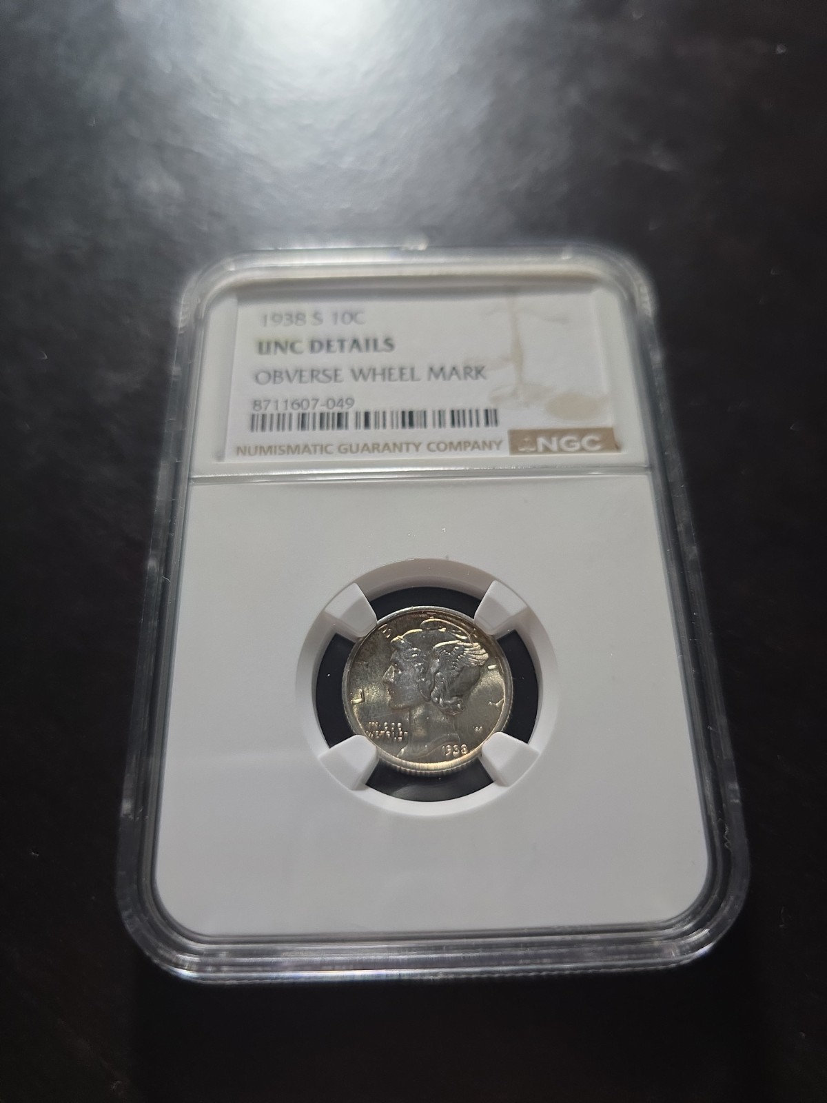 1938 S Mercury Silver Dime UNC DETAILS ERROR - OBVERSE WHEEL MARK