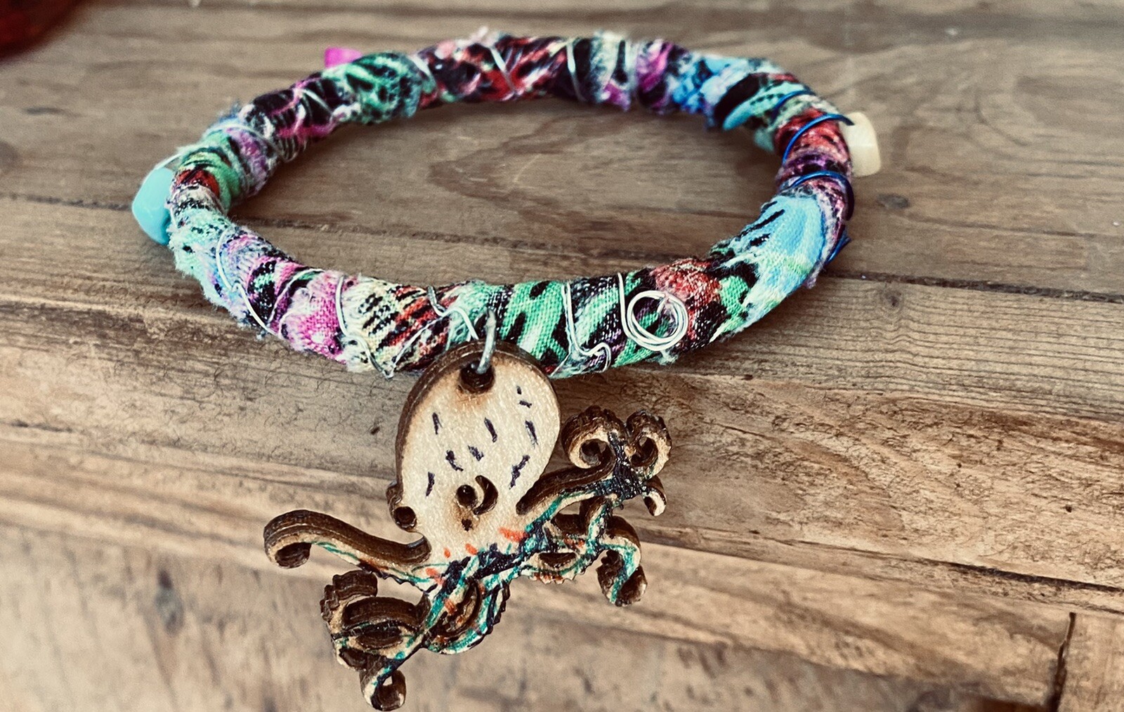 Octopus Bangle Fabric Wrapped Laser Painted Wood Charm & Beads