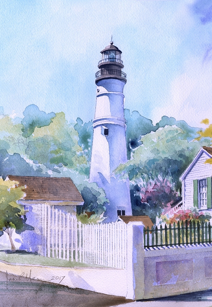 Key West Lighthouse, Florida. Corner View. James Mann Watercolor Notecards