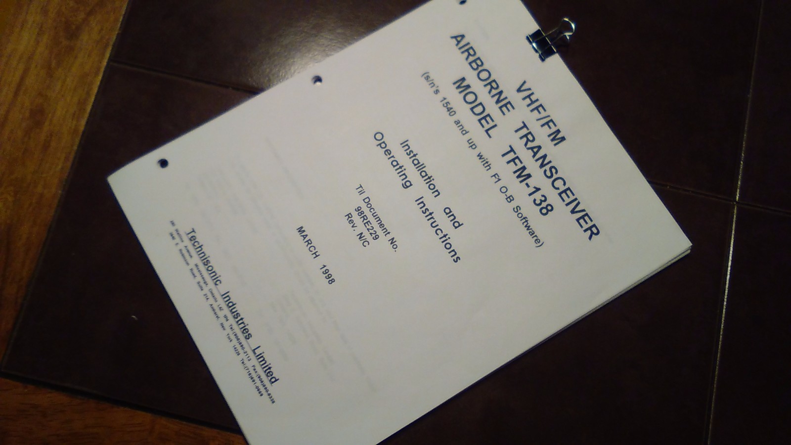 Technisonic VHF FM Model TFM-138 Install & Operator's Manual