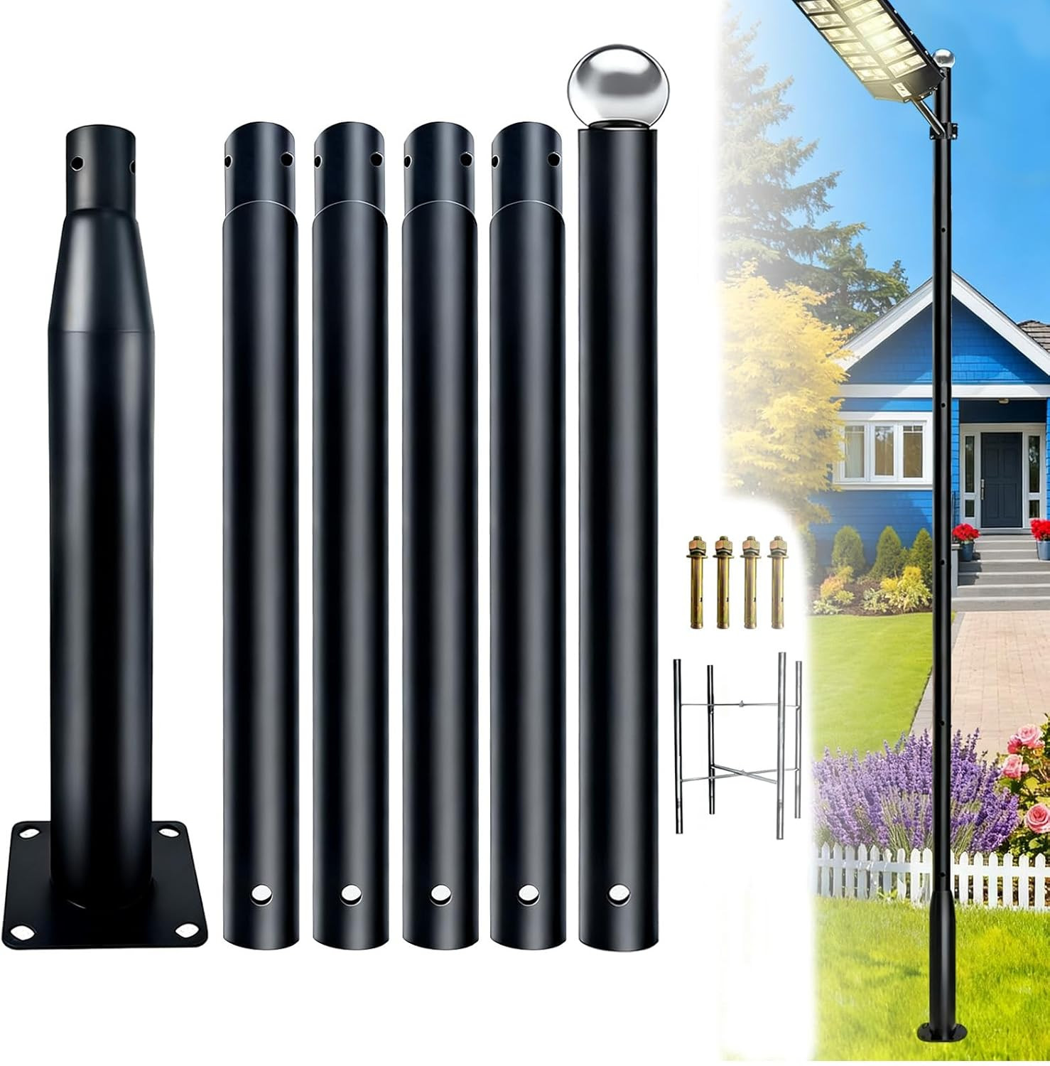 20Ft Streetlight Pole, Black Galvanized Steel Outdoor Adjustable Light Column, E