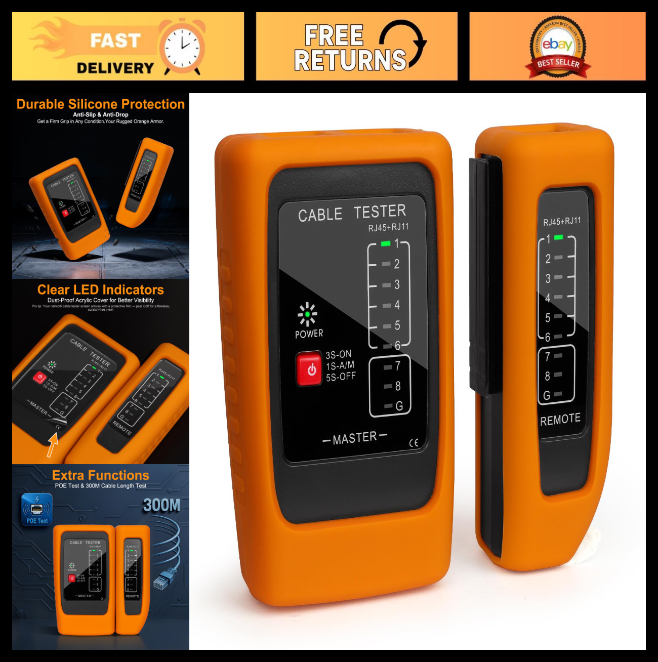 Ethernet Network Cable Tester with POE Detection, 300m RJ45 Continuity Check, Ca