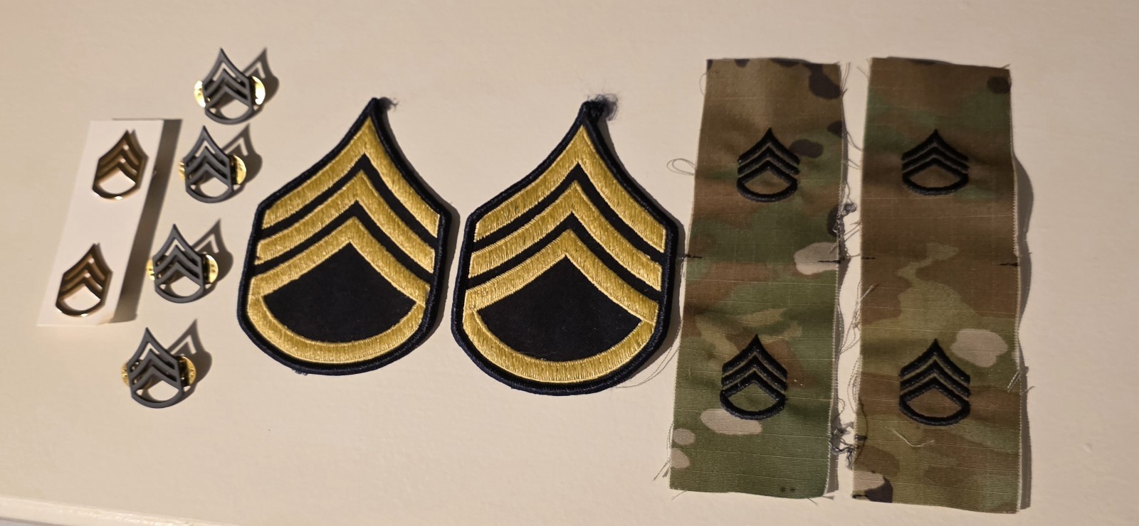 U.S. Army Staff Sergeant E-6 Men’s Rank Insignia Lot.  Dress, OCP, Metal Pins