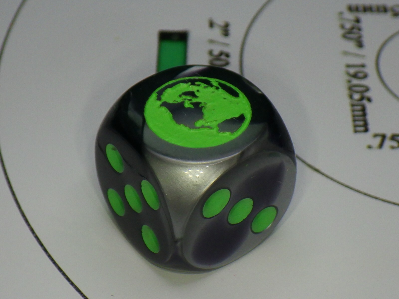D6 Earth Die - Customized Six Sided Die Black & Silver with Green - SOLD EACH