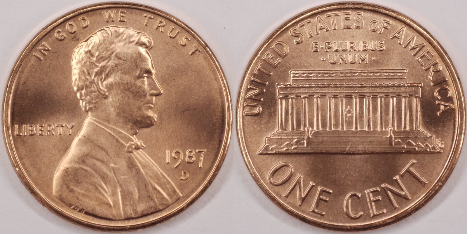 United States 1987 D 1 Cent Lincoln Memorial KM#201a Copper Plated Zinc