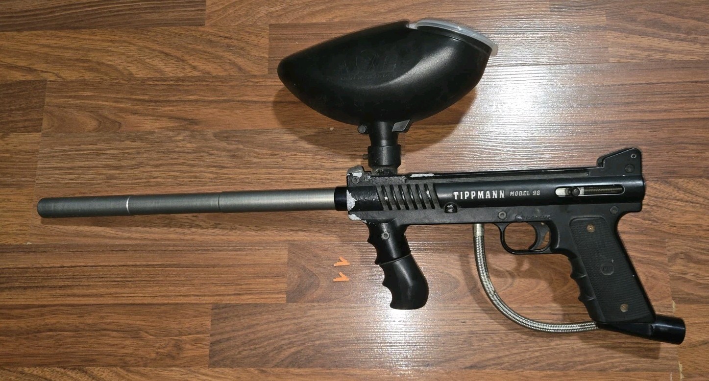 Tippmann Model 98 (original) Paintball Marker Gun w JJ Extended Barrel & Hopper