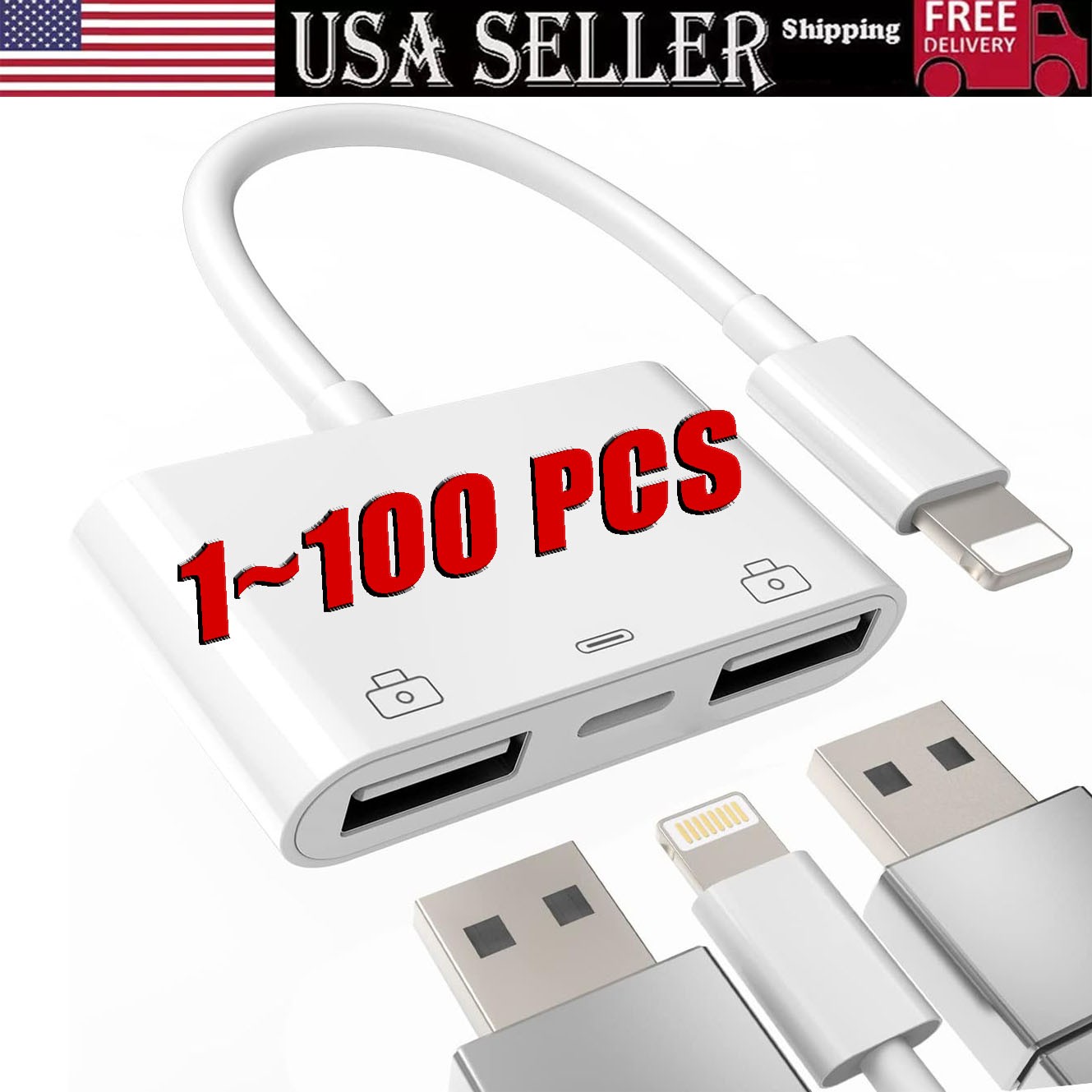 For iPhone to dual USB 3.0 Camera OTG Adapter with Charging Port for iPad lot