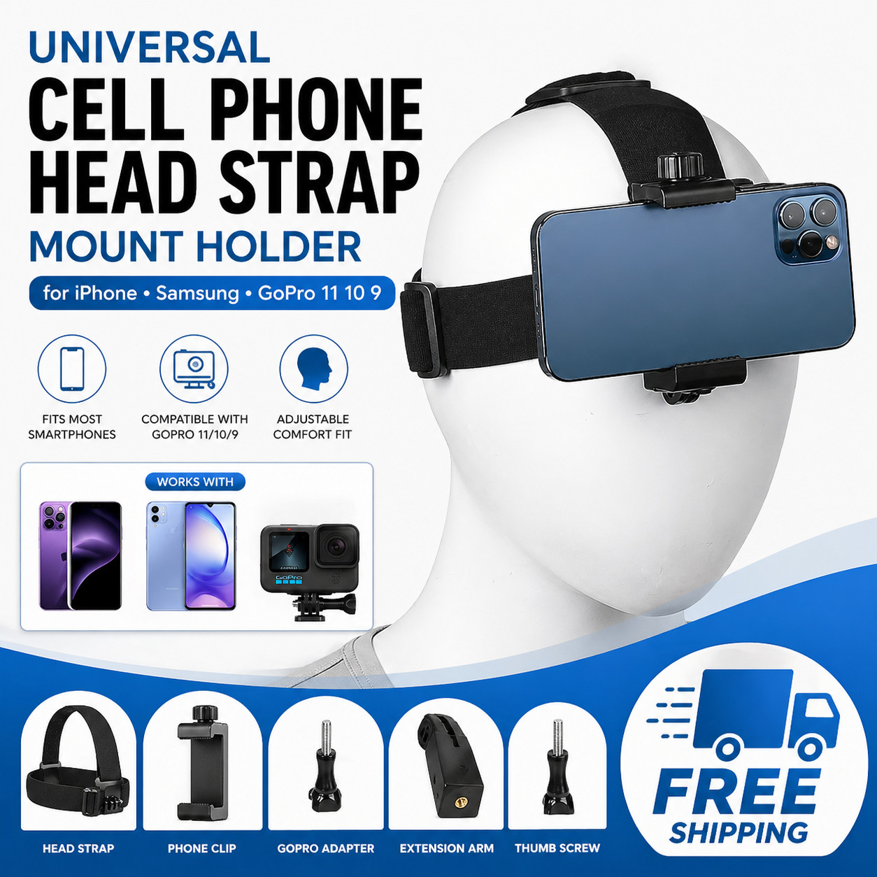 Universal Cell Phone Head Strap Mount Holder for iPhone Samsung GoPro 11 10 9