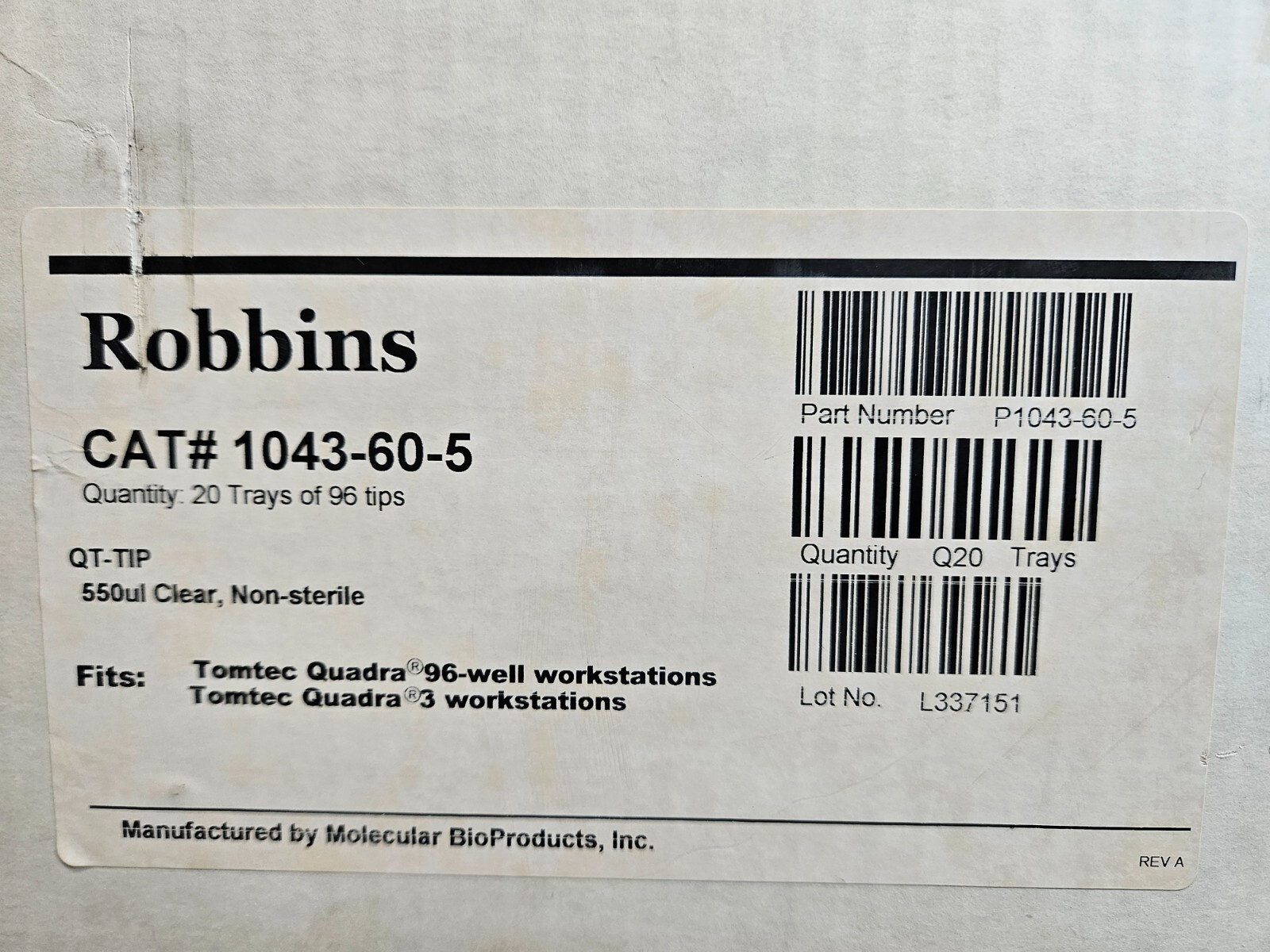 Robbins Pipette Tip 550 ul for Tomtec Quadra 20 Racks with 192 Tips Each