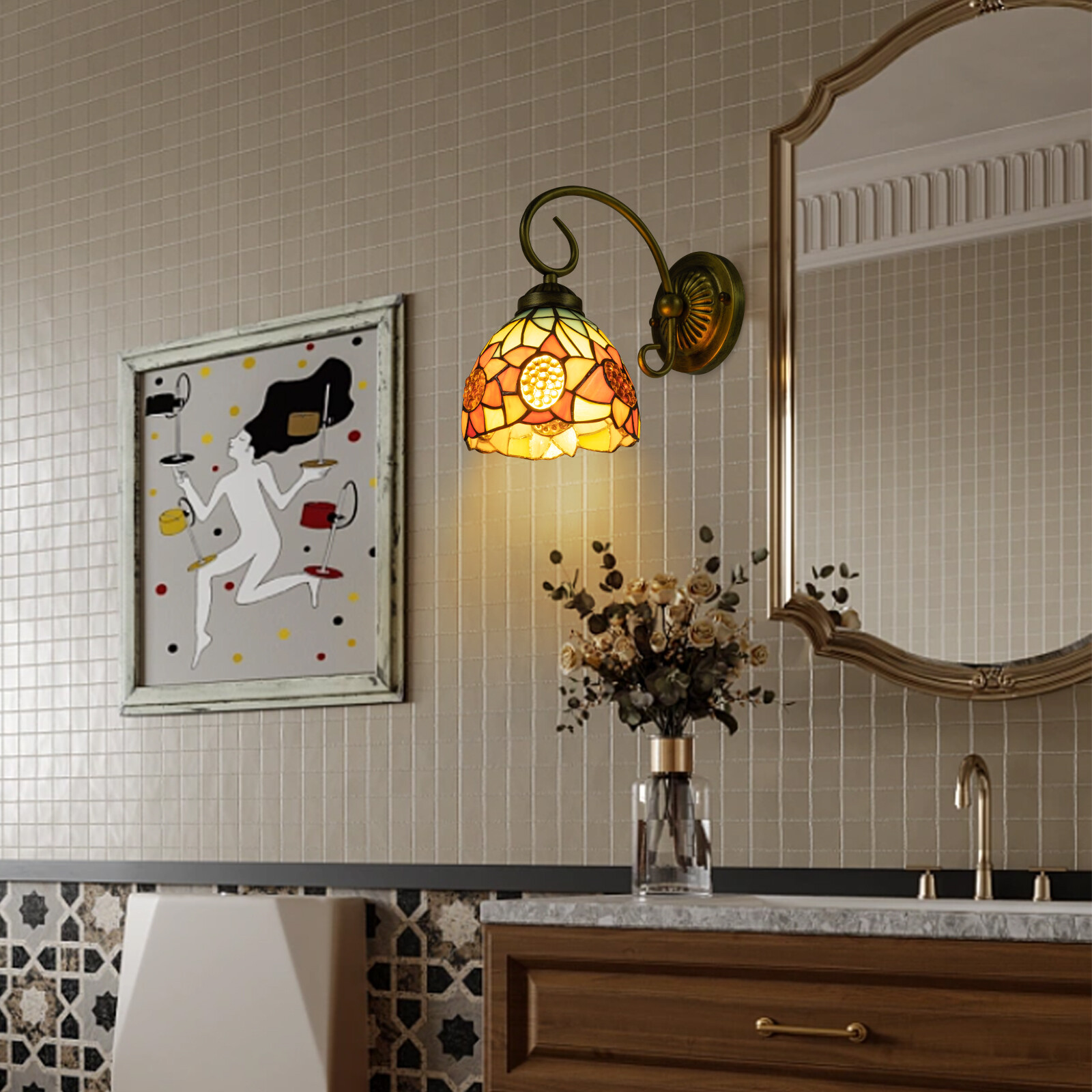 110V Wall Sconce Lamp Tiffany Vintage Stained Glass Wall Light Indoor E26