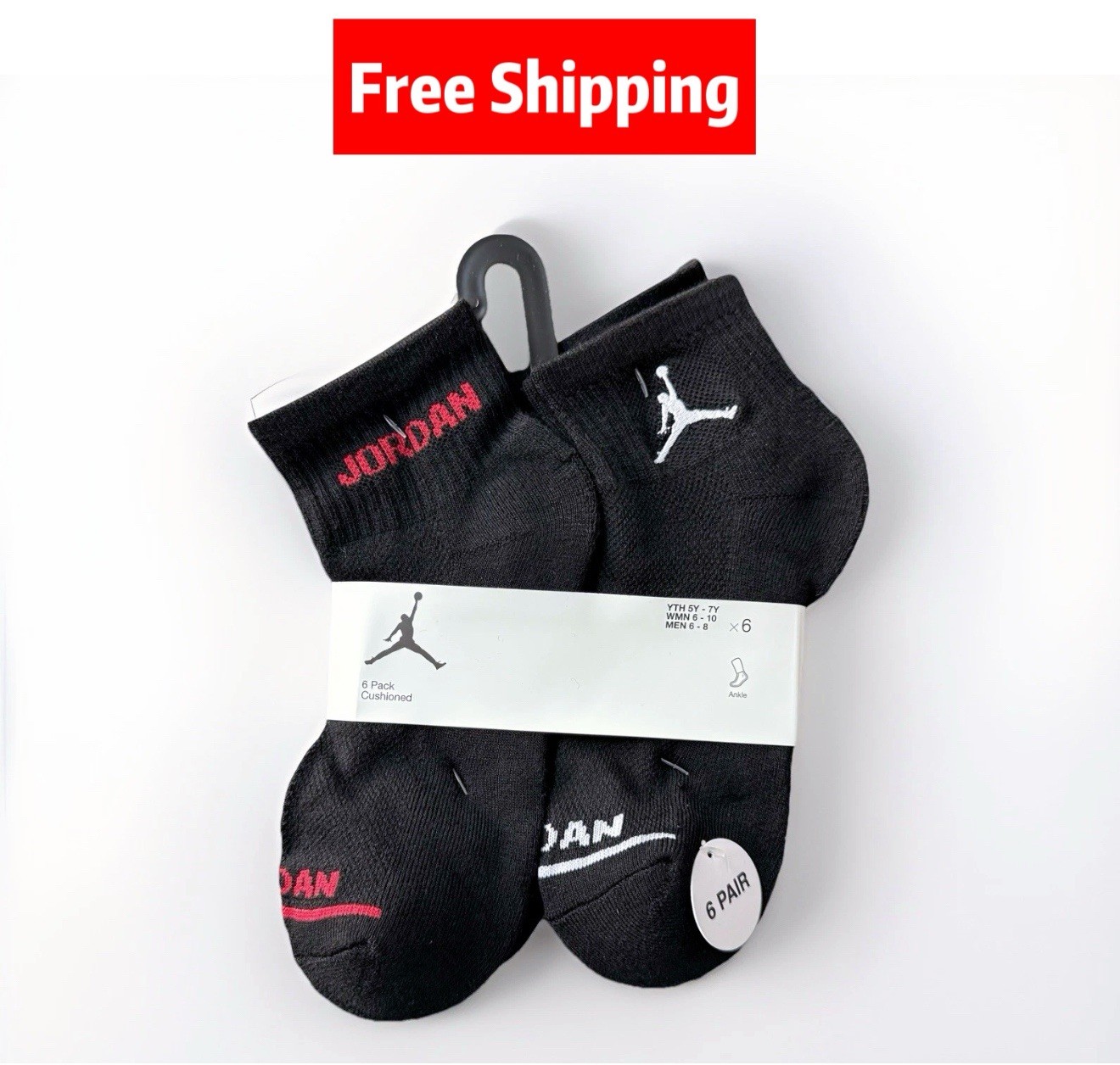 🔥Nike Jordan Big Kids Legend Ankle Socks (6 Pairs) BJ0342-023 Size 5Y-7Y