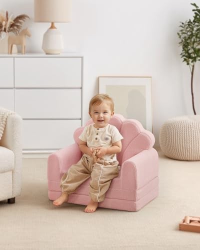 Kids Couch, 2-in-1 Soft Toddler Couch Fold Out, Toddler Chair Rosado Shell