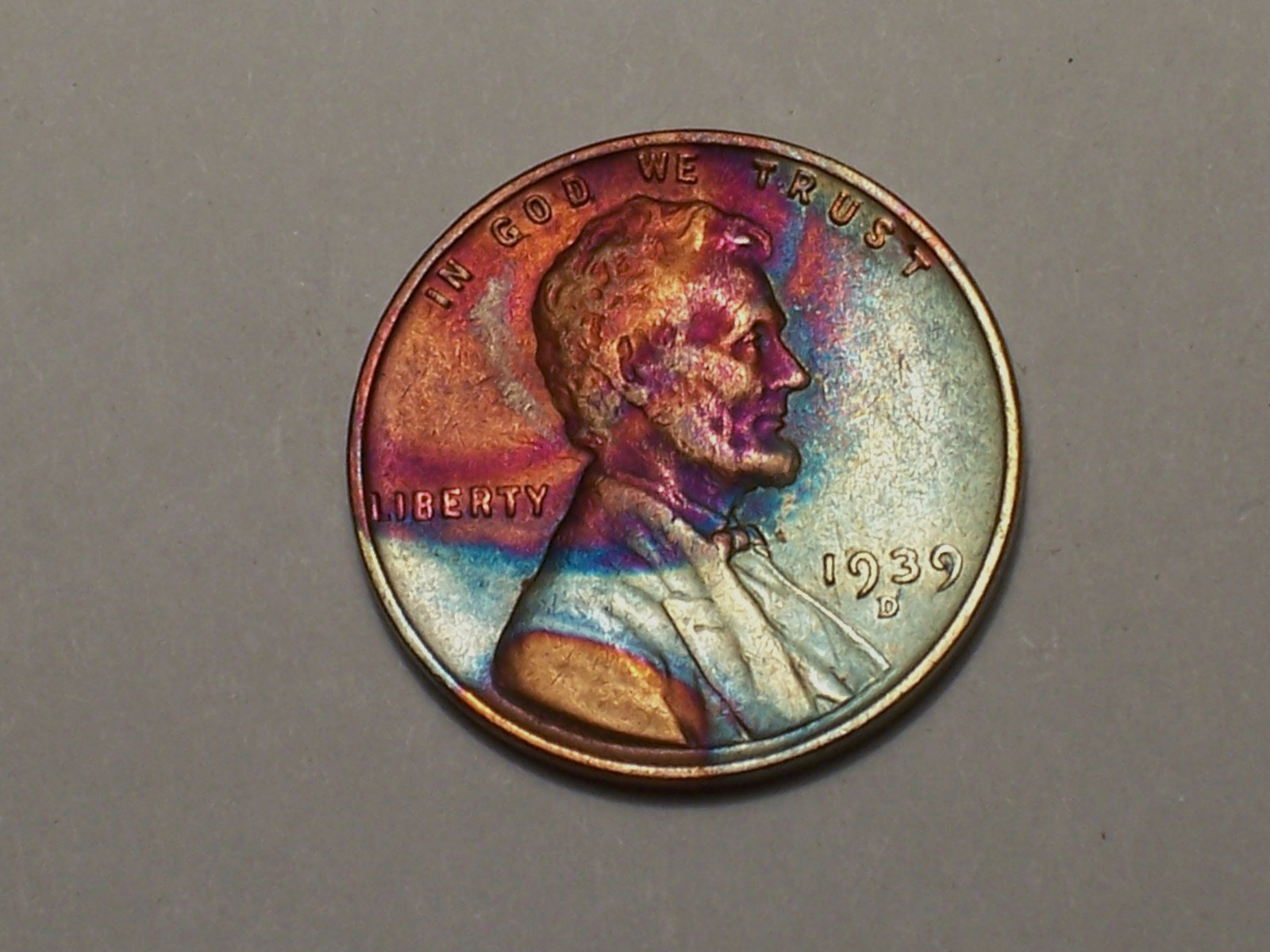 1939-D @  Beautiful" rainbow colored old Lincoln Penny.!! 378 *From roll*