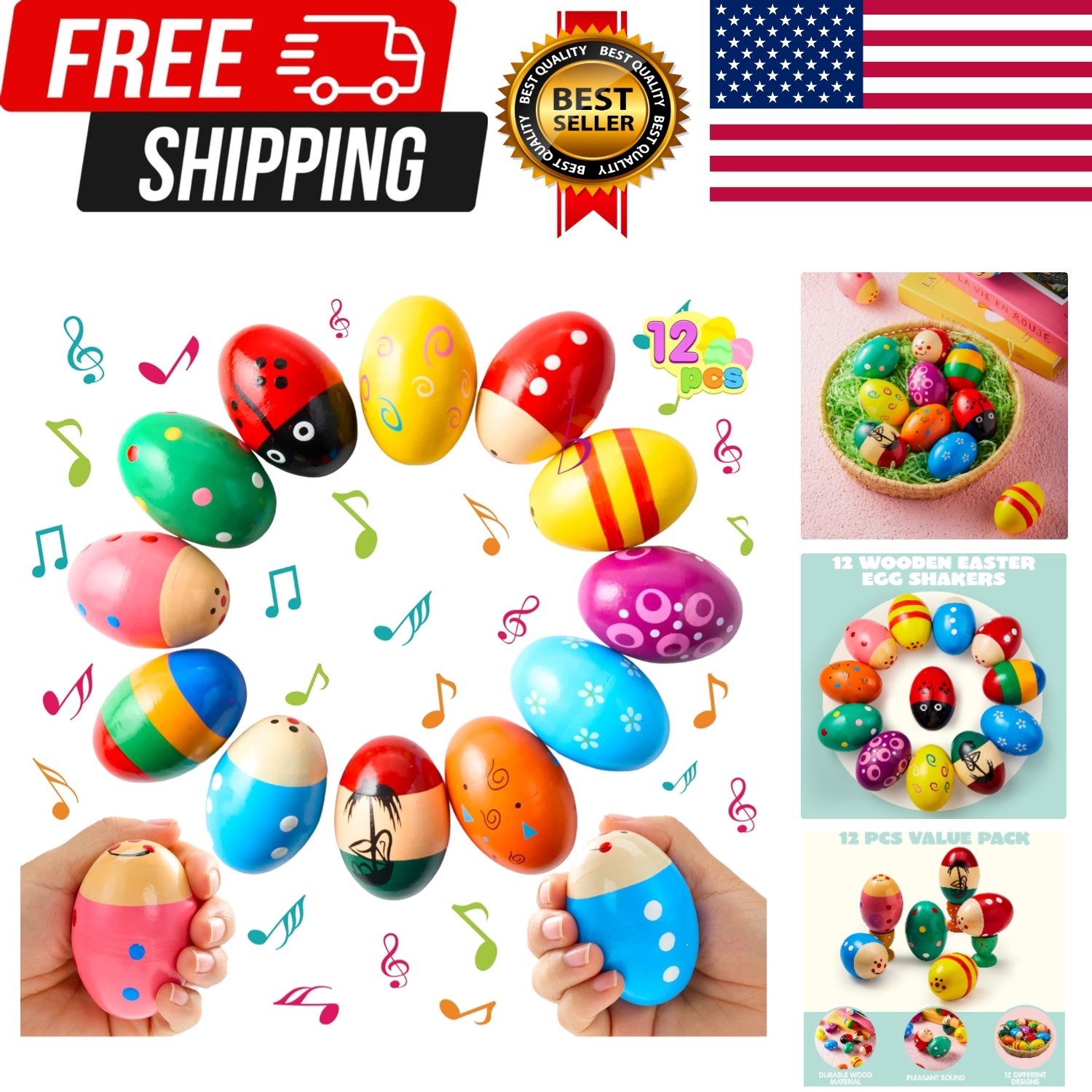 12 Packs 1.9''*2.7" Wooden Egg Shakers Maracas Percussion Musical for Party F...