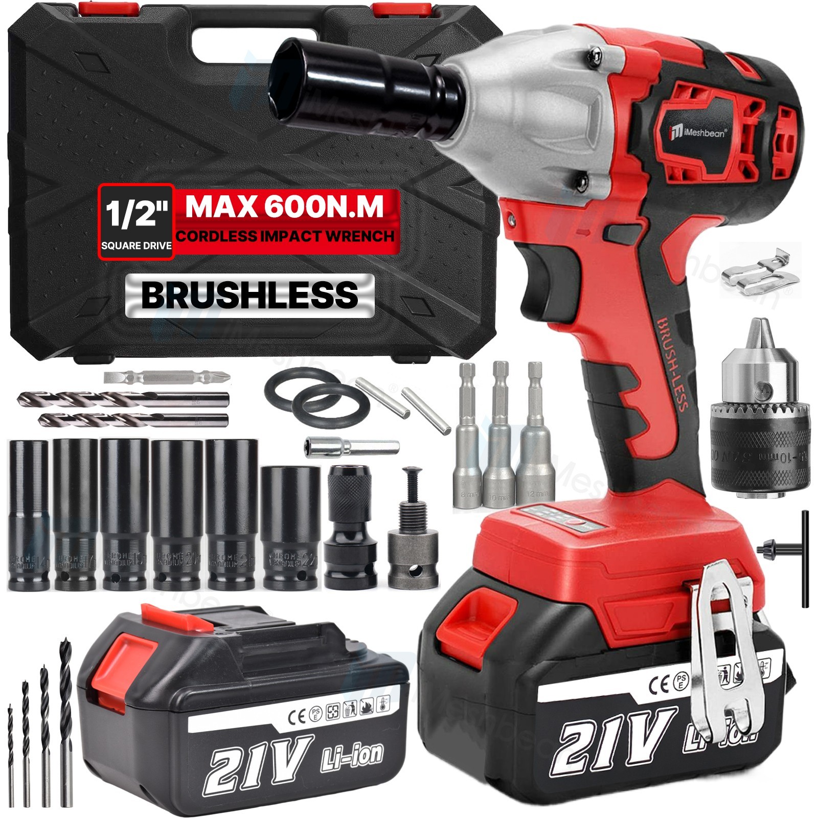 600N.M Cordless Electric Impact Wrench Gun 1/2'' High Power Driver W/ 2 Battery
