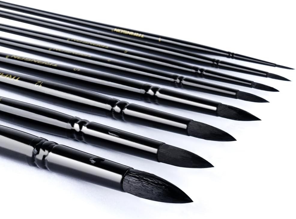 Luxury 8-Piece Round Brushes Set - Goat Hair for Watercolor and Acrylic Mastery