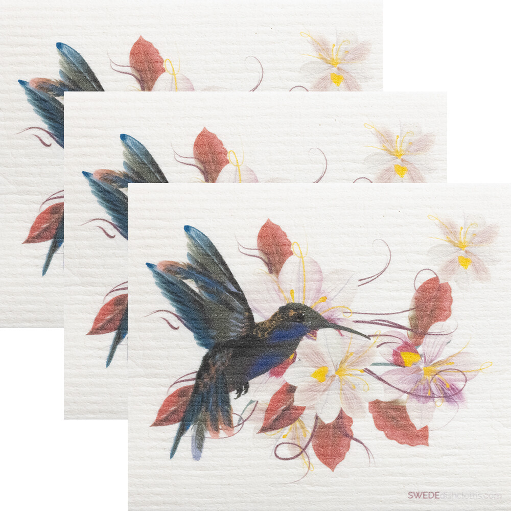Swedish Dishcloths Hummingbird Red Flowers Set of 3 cloths Eco Friendly Cloths