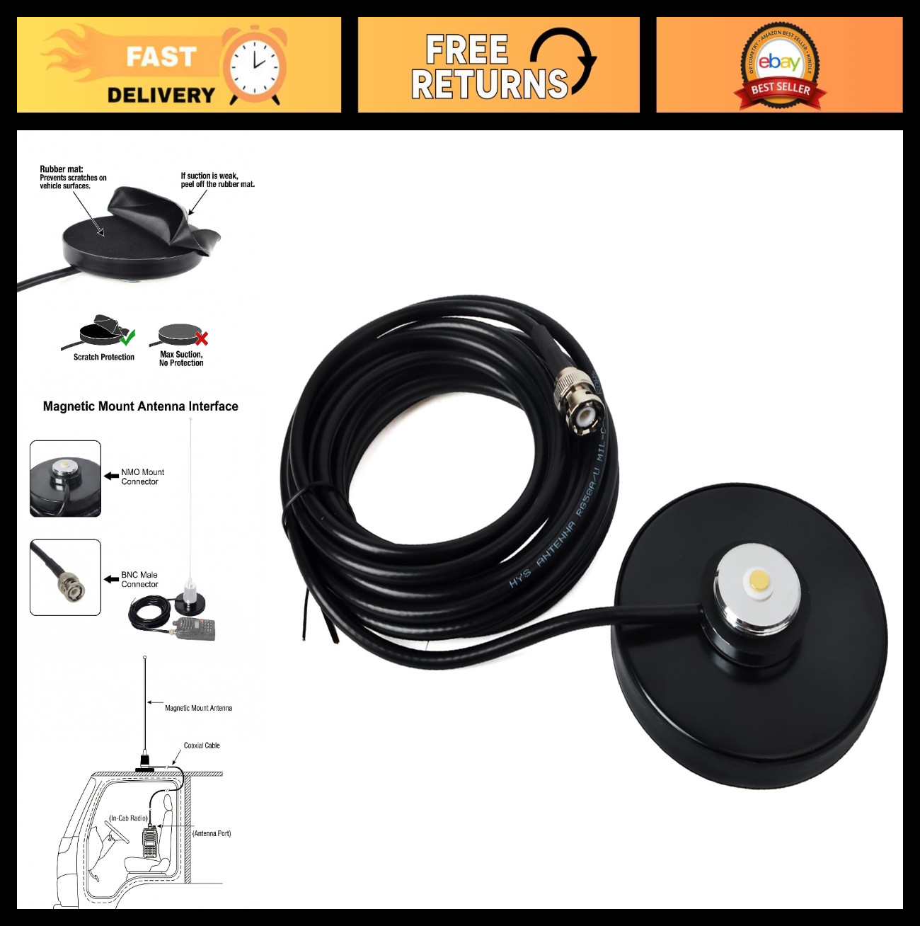 Magnetic Base Mount with 5M RG58 Cable & BNC Connector for CB Radio Vehicle Use