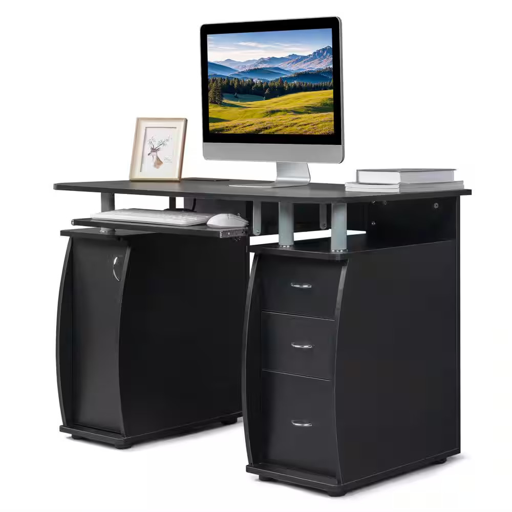 47.28 In. W Complete Workstation Black Computer Desk with Storage, 3-Drawers
