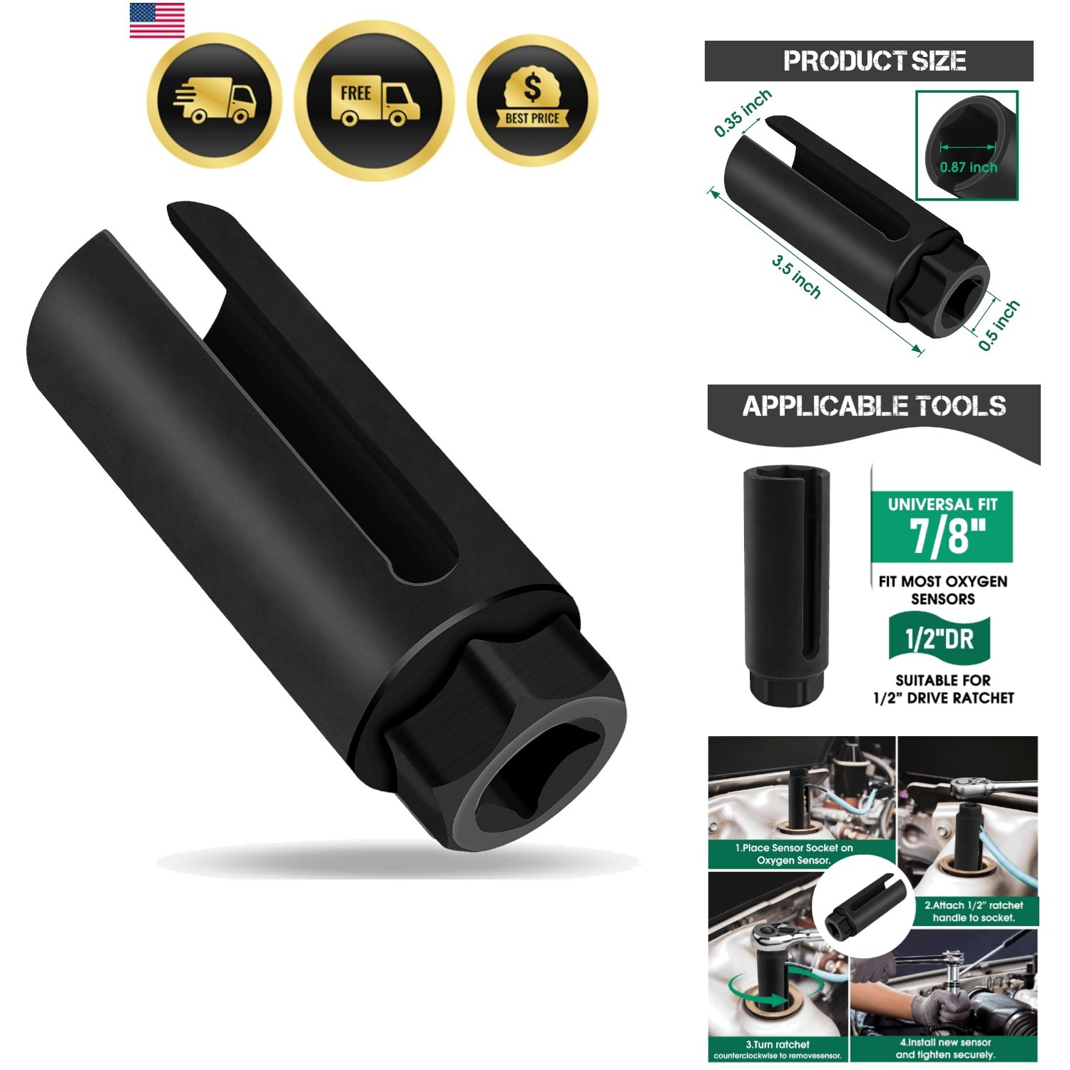 Oxygen Sensor Socket 22mm 7/8 in, 1/2 in Drive O2 Sensor Removal Tool, Heavy-...