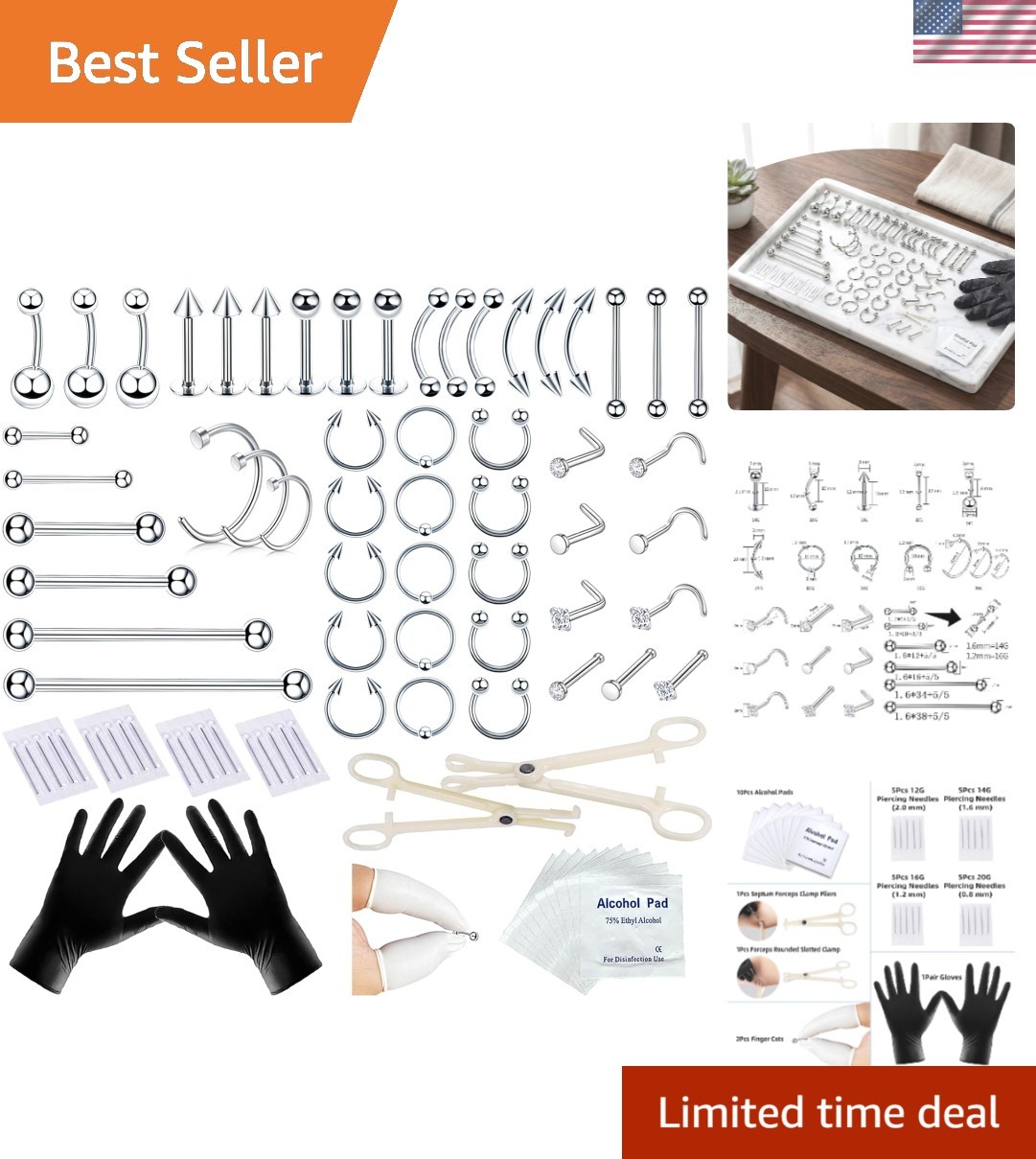 Nose Piercing Kit 80PCS Stainless Steel Body Jewelry 12G 14G 16G 20G TKKUY