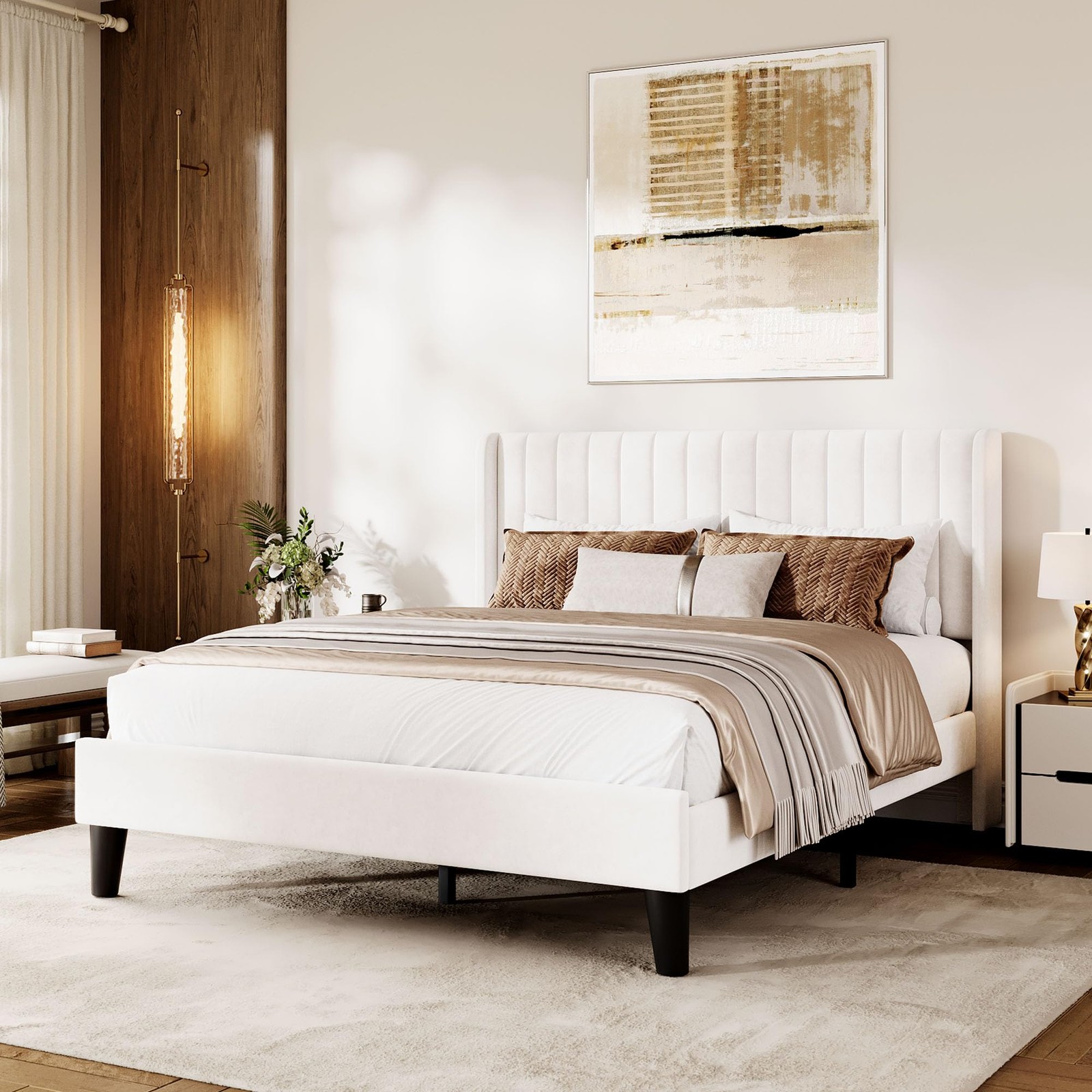 Queen/Full Size Bed Frame W/Velvet Upholstered Headboard,No Box Spring Needed