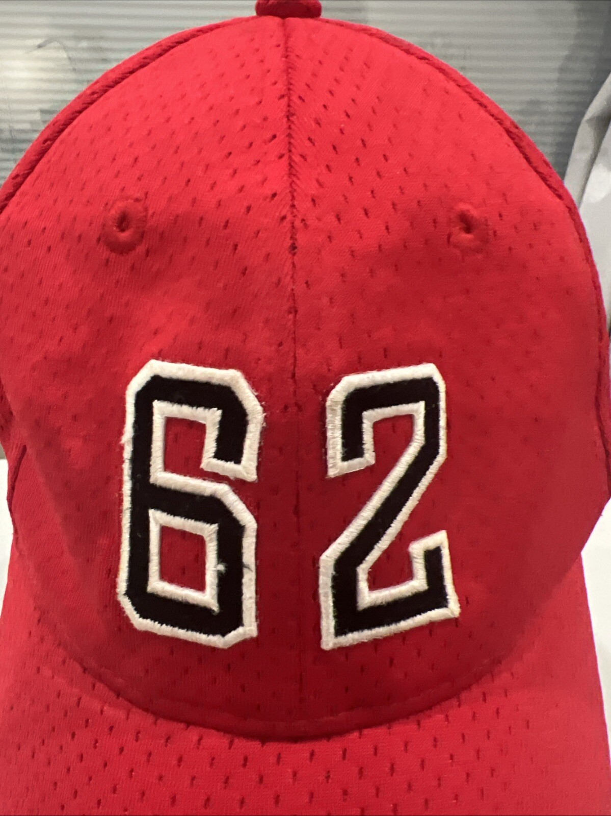 #62 Red Mesh Hat Cap Hook Loop August Brand EUC