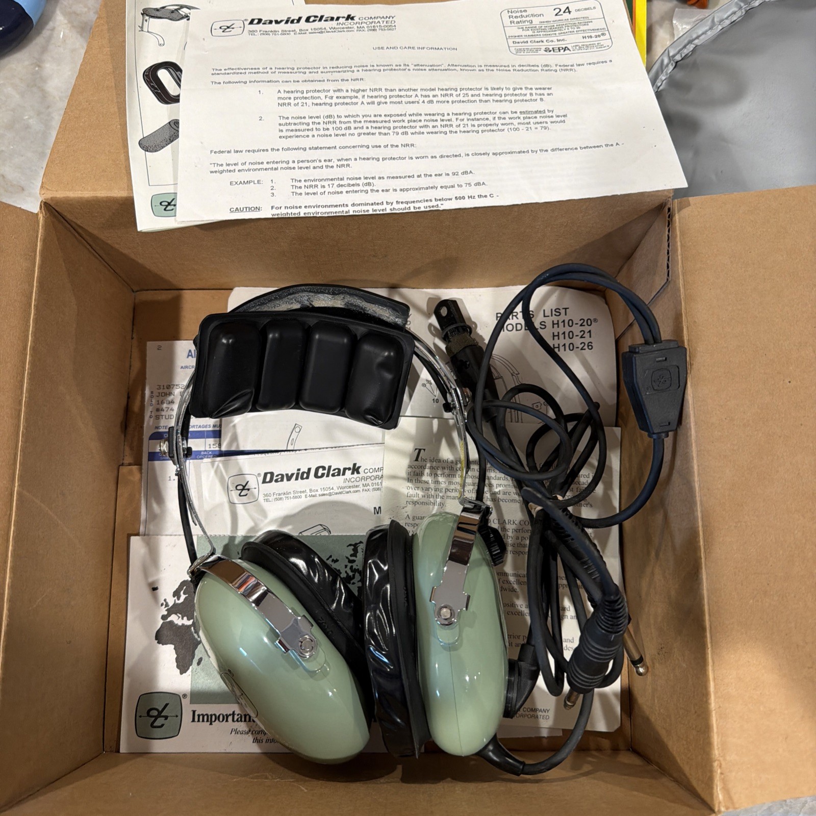 David Clark Company Aviation Pilot Headset Model No. H10-20 with 7a microphone