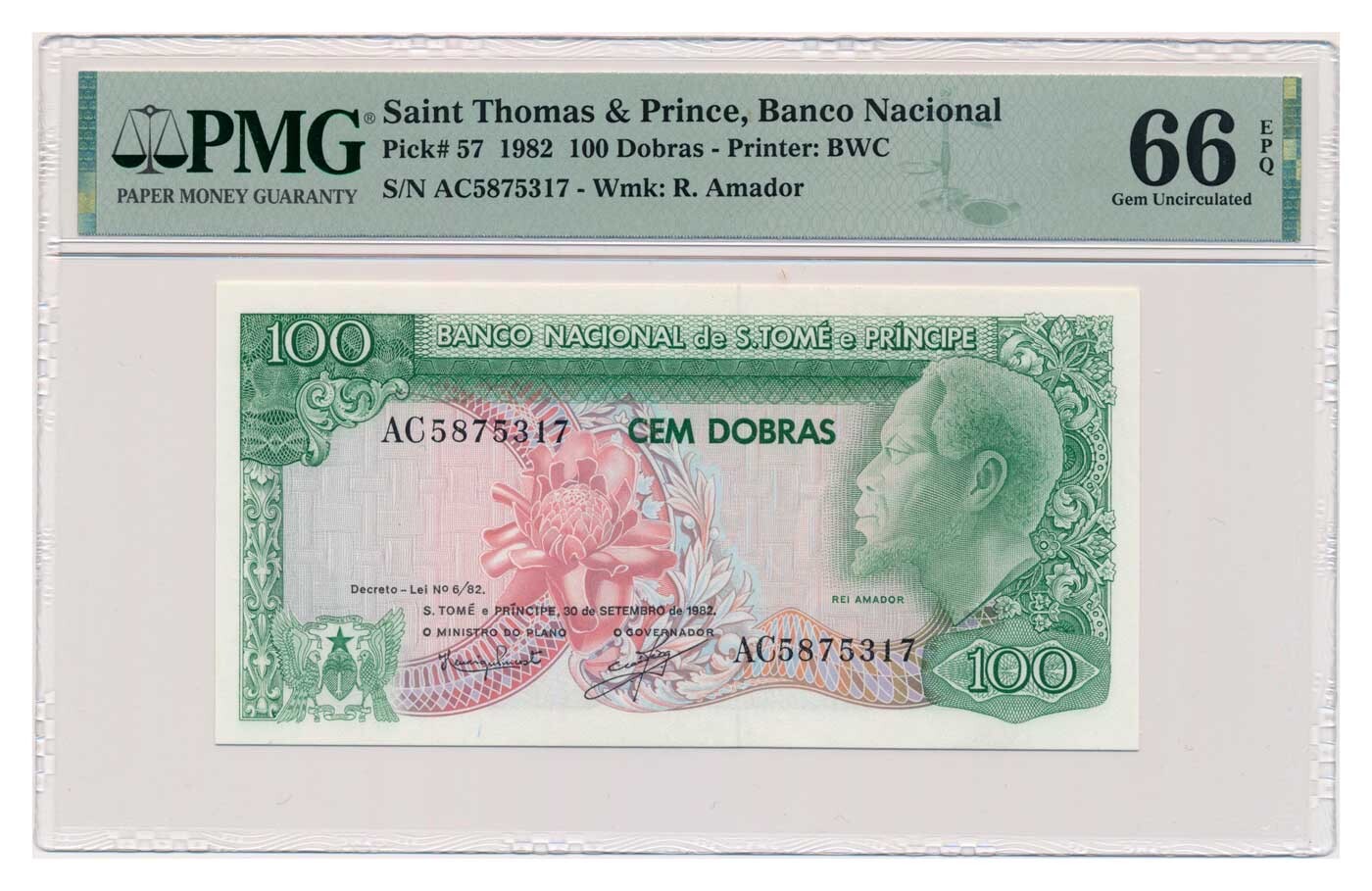 SAINT THOMAS & PRINCE banknote 100 Dobras 1982 PMG MS 66 EPQ Gem Uncirculated