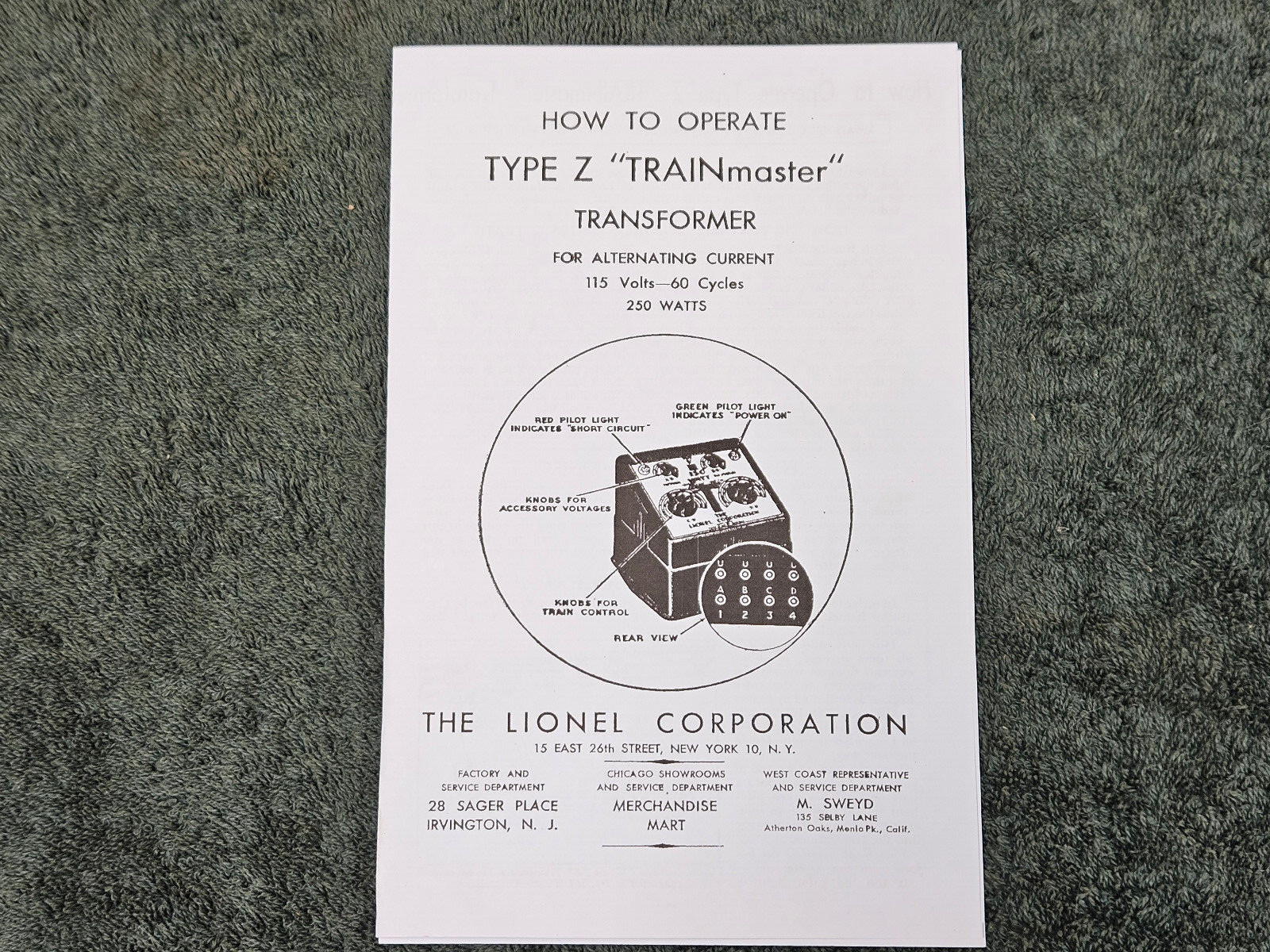 LIONEL TYPE Z TRANSFORMER TRAINMASTER 250 WATTS INSTRUCTIONS PHOTOCOPY