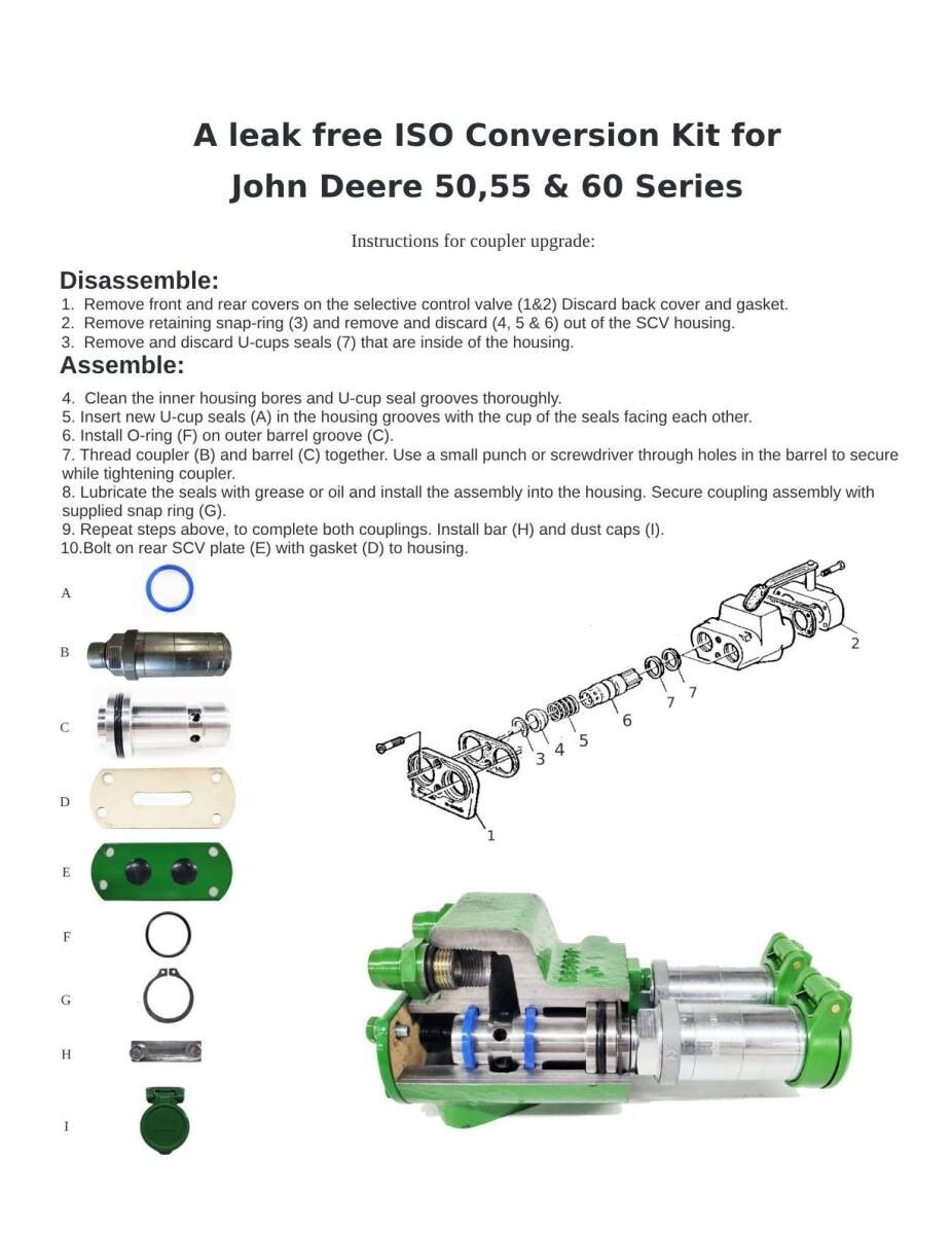 John Deere SCV, (remote valve )ISO Coupler Conversion Kit for 50-70 series