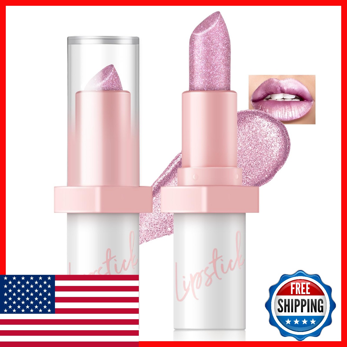 HOSAILY Metallic Pink Frost Glitter Lipstick Long Lasting High Shine for Women