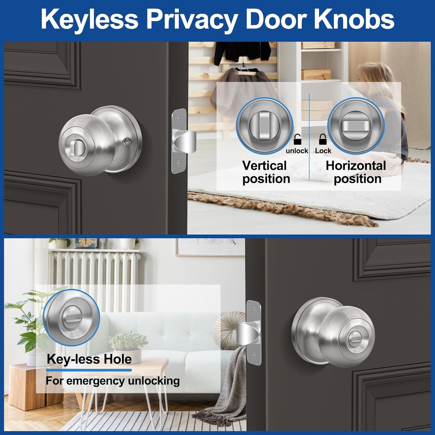 Privacy Door Knob, Brushed Nickel Door Knob Interior Keyless Lock Set