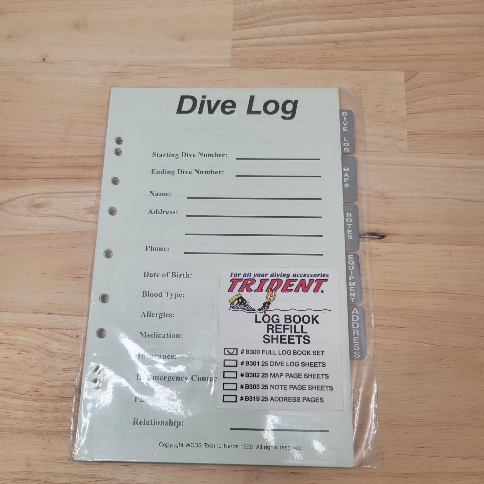 New Trident Log Book Refill Sheets B300 Full Set Green 7-Hole Scuba Diving 5x8