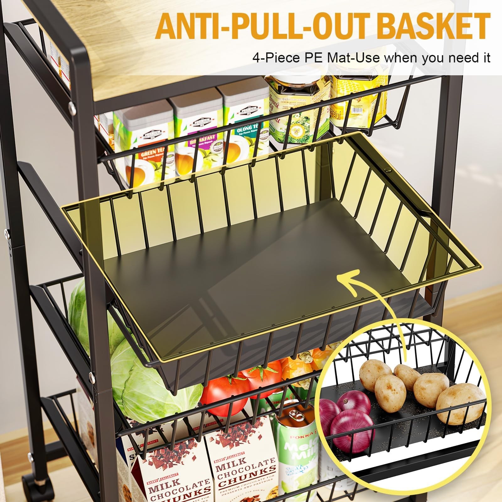 5-Tier Kitchen Cart with Tabletop, Rolling Snack Cart with Lockable Wheels, F...