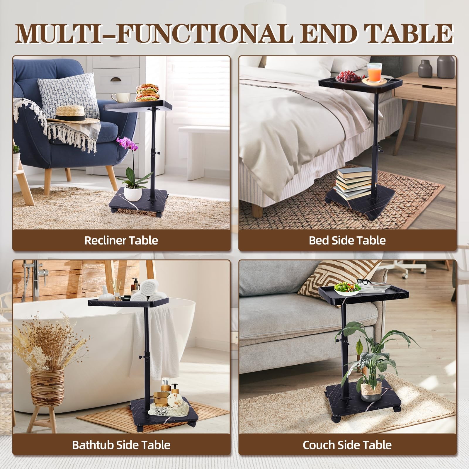Black C Shaped End Side Table Adjustable Height 360 Swivel TV Tray Table