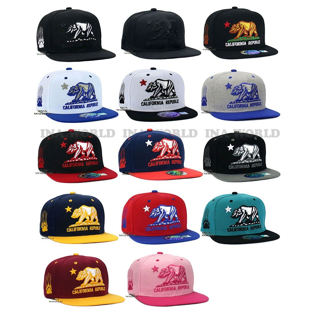 California Republic Hat Bear Logo Embroidered Snapback Flat Bill Baseball Cap