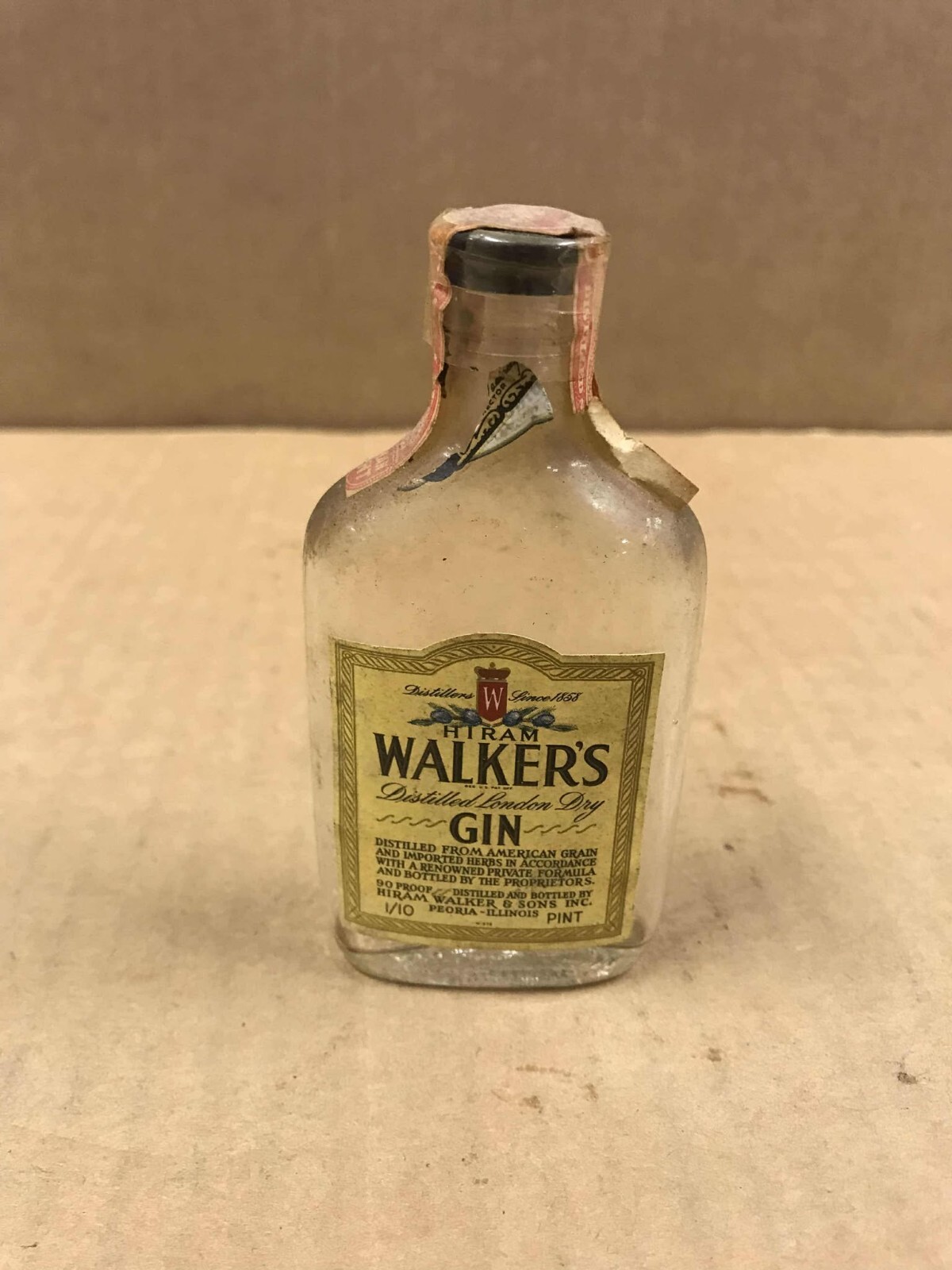 Vintage Hiram Walker's Distilled London Dry Gin Empty Mini Bottle