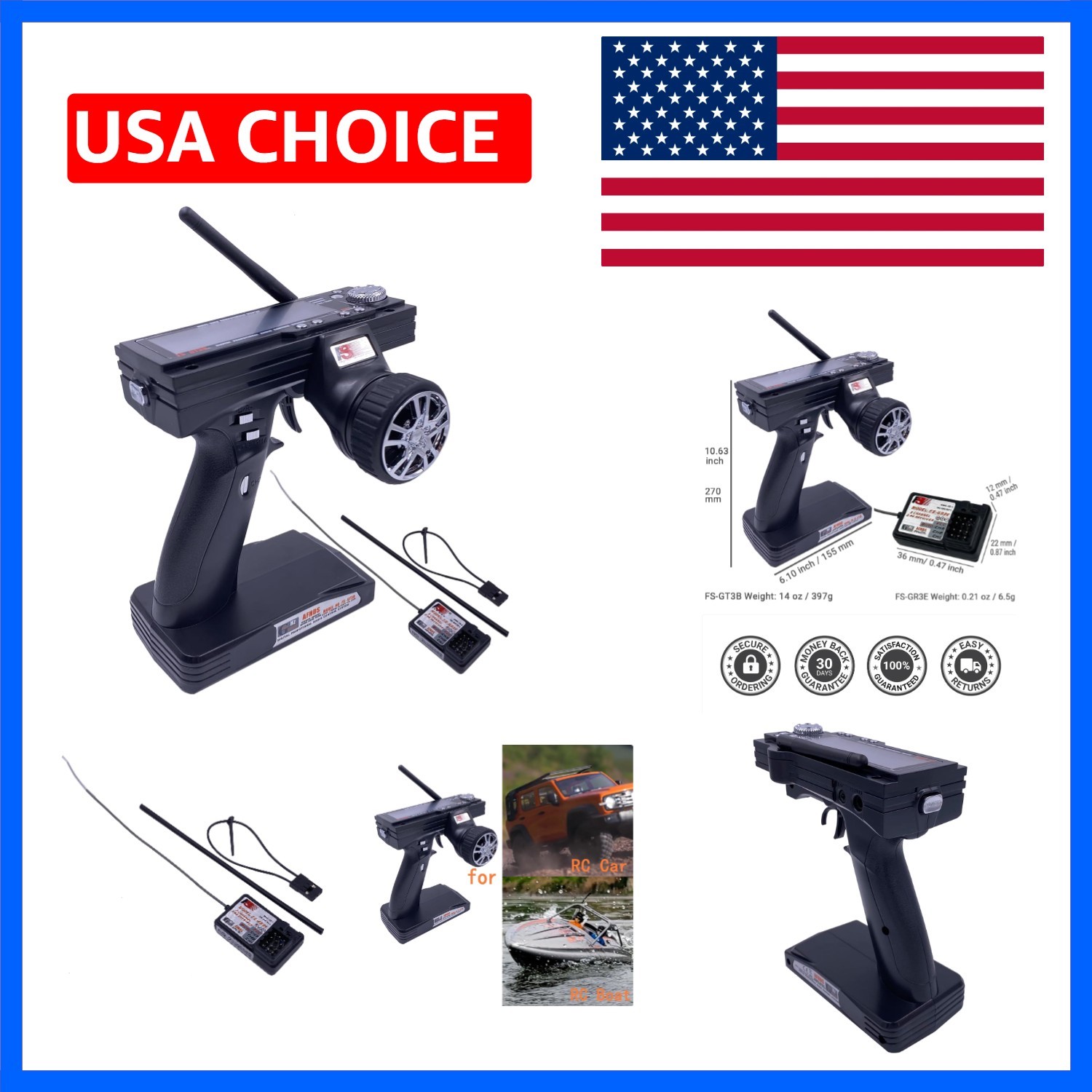 FS-GT3B 3CH RC Transmitter & Receiver FS-GR3E for RC Car Boat Flysky | 3 Chan...