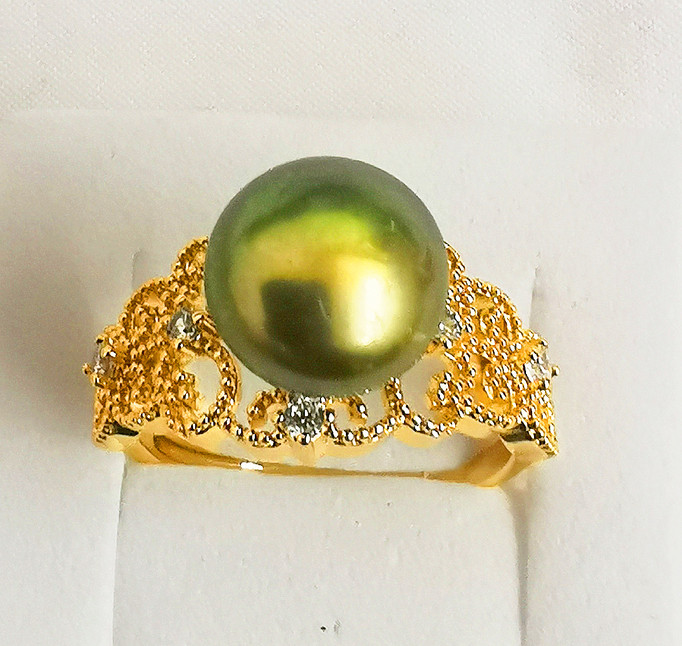 Charm 8-9mm South Sea Genuine Peacock Green Pearl Ring Men Women Jewelry AAA15