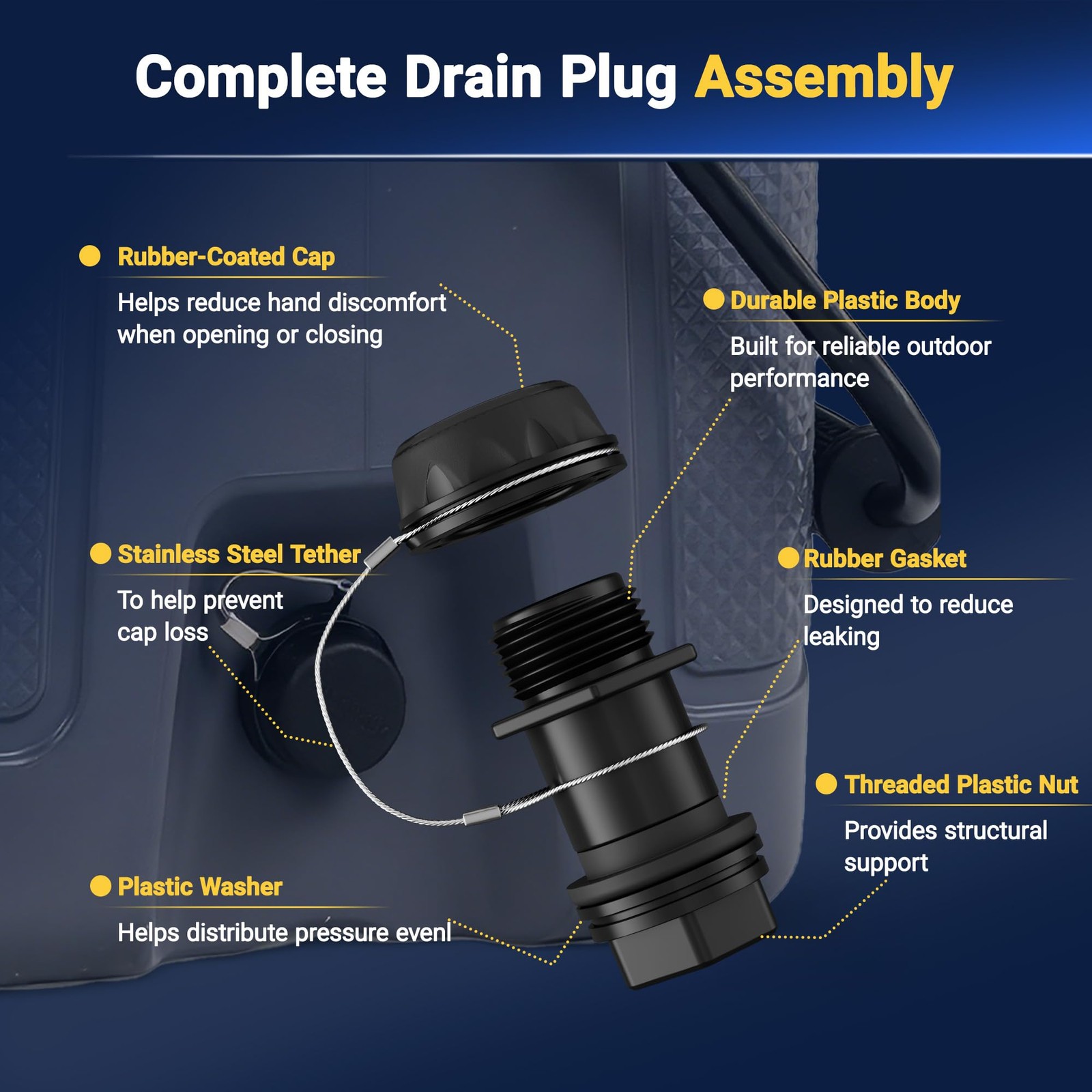 Drain Plug Replacement with Stainless Steel Tether Compatible with Igloo BMX,